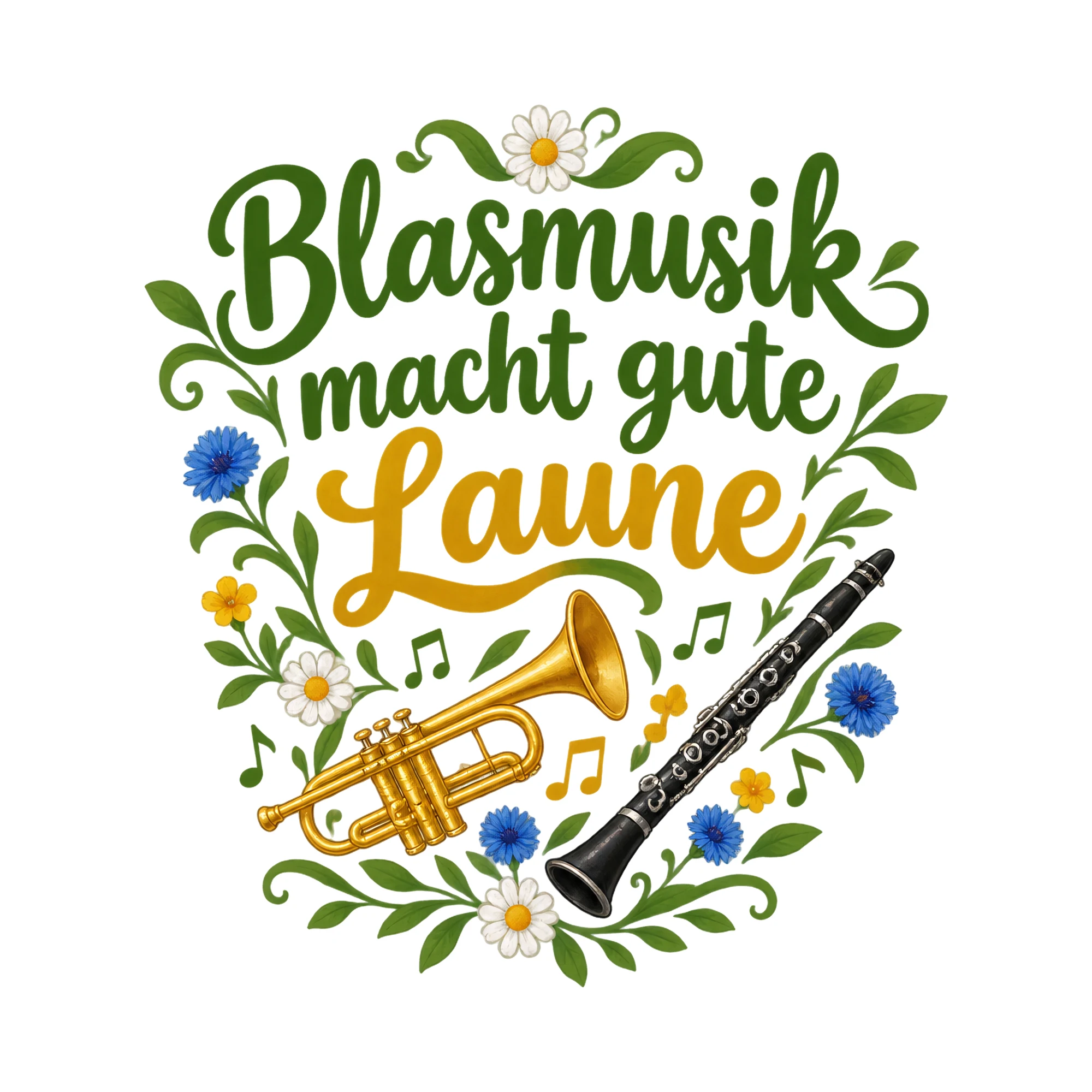 Bügelbild Blasmusik macht gute Laune, Vereine Shirt Spruch als Grafik auf weißem Hintergrund (BB020477)