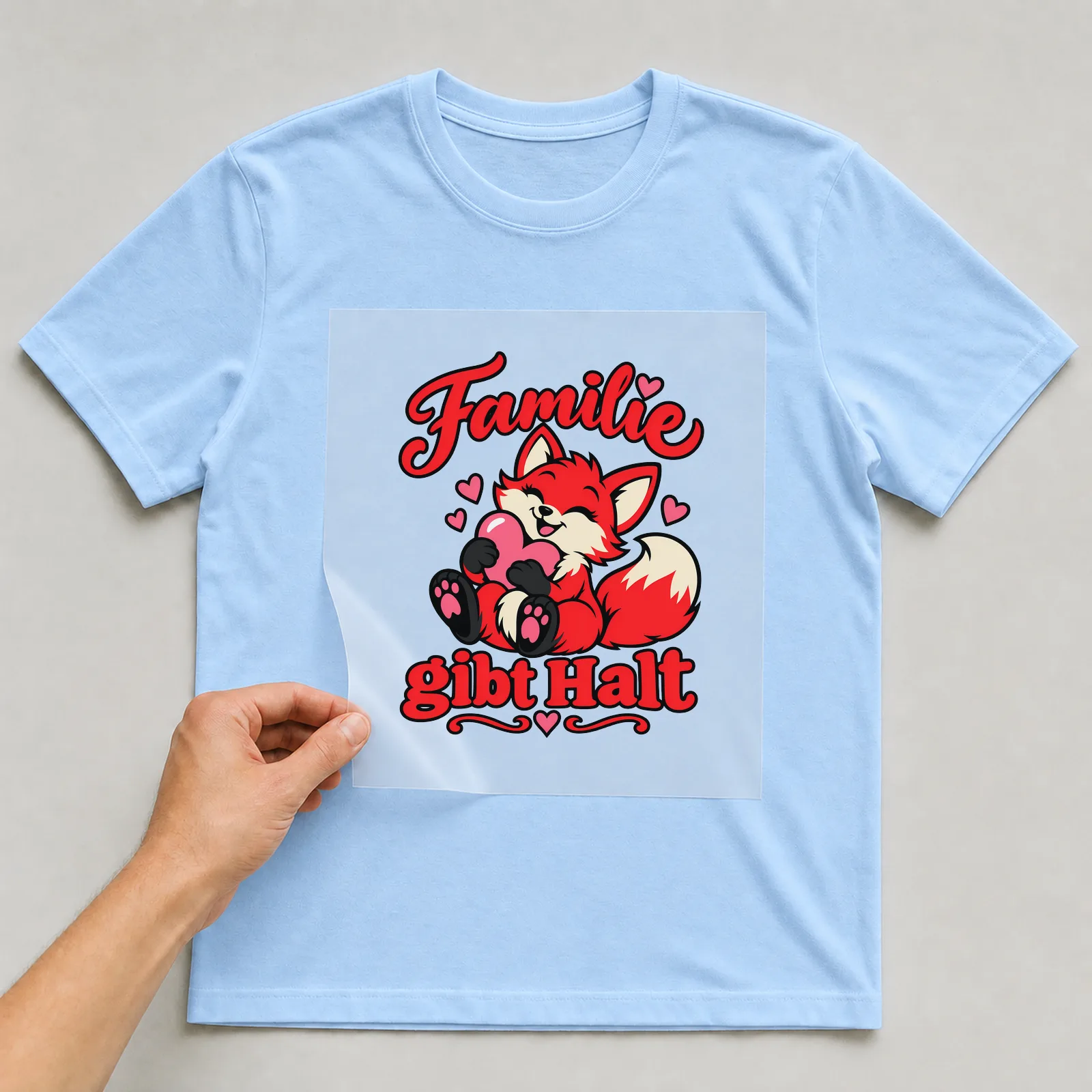 Bügelbild „Familie gibt Halt“ auf hellblauem T-Shirt, Folie wird aufgelegt