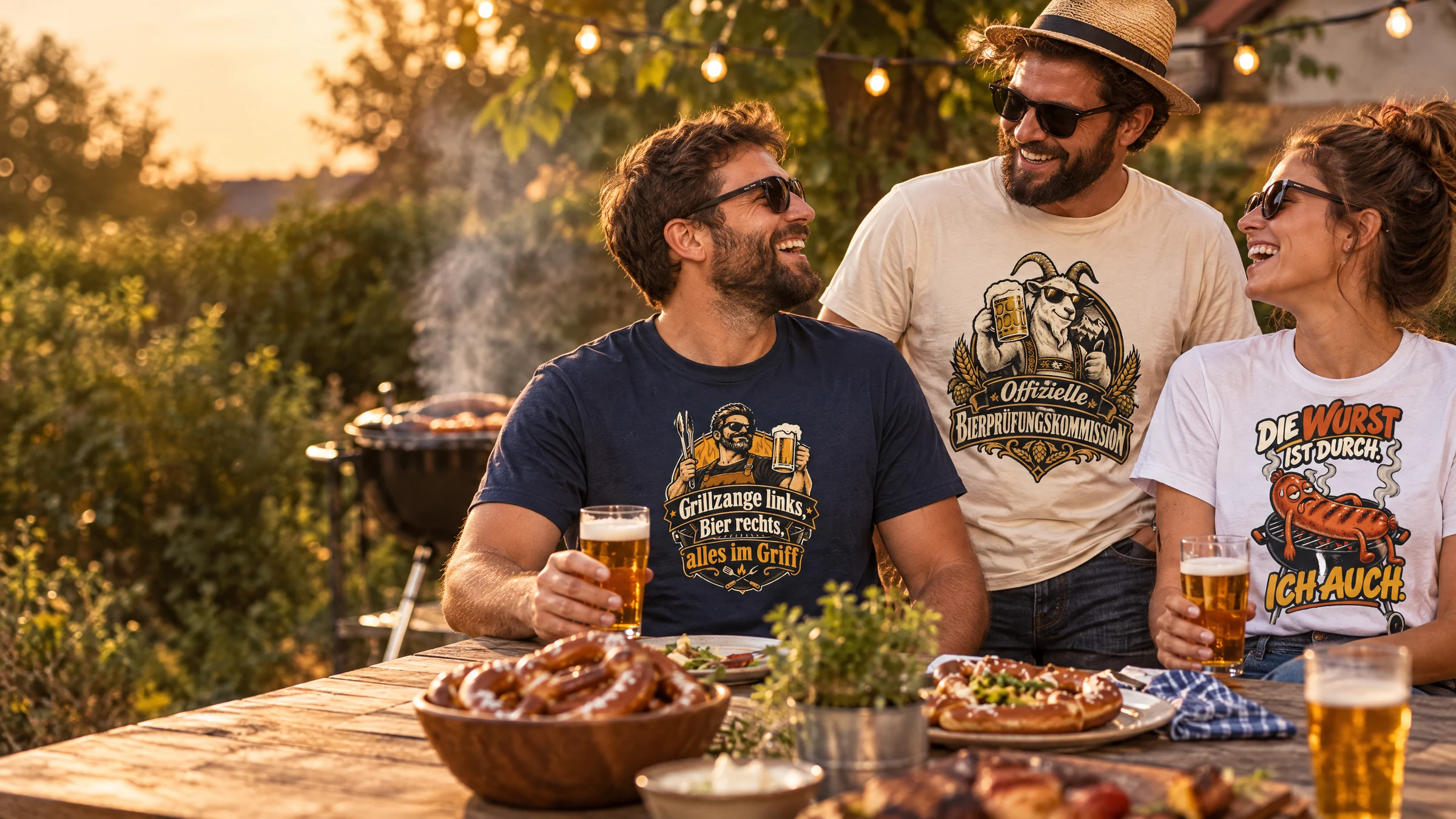 Bier und Party: Freunde am Gartentisch mit den Bügelbild-Motiven Grillzange links, Bier rechts, Offizielle Bierprüfungskommission und Die Wurst ist durch