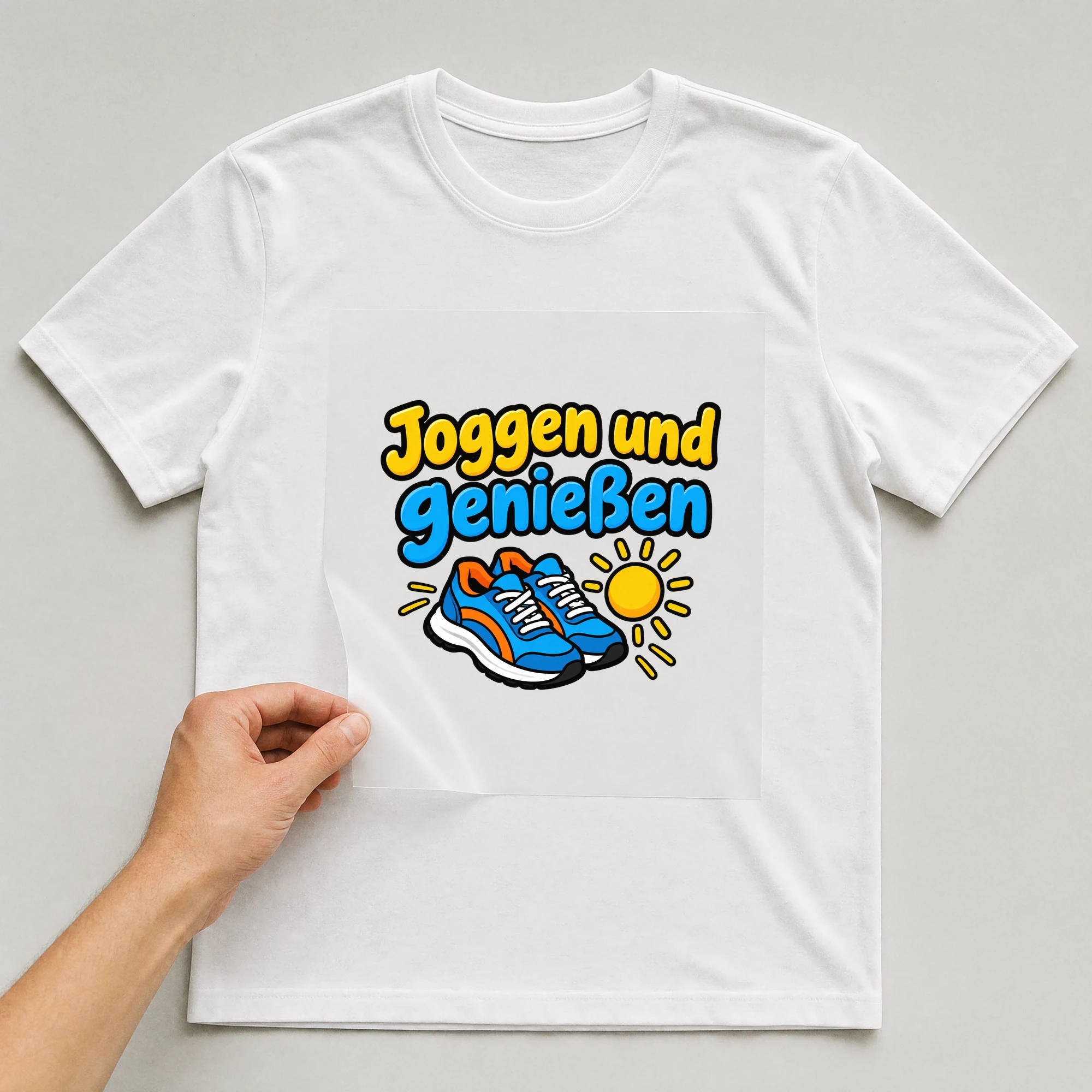 Bügelbild „Joggen und genießen“ auf weißem T-Shirt, Folie wird aufgelegt