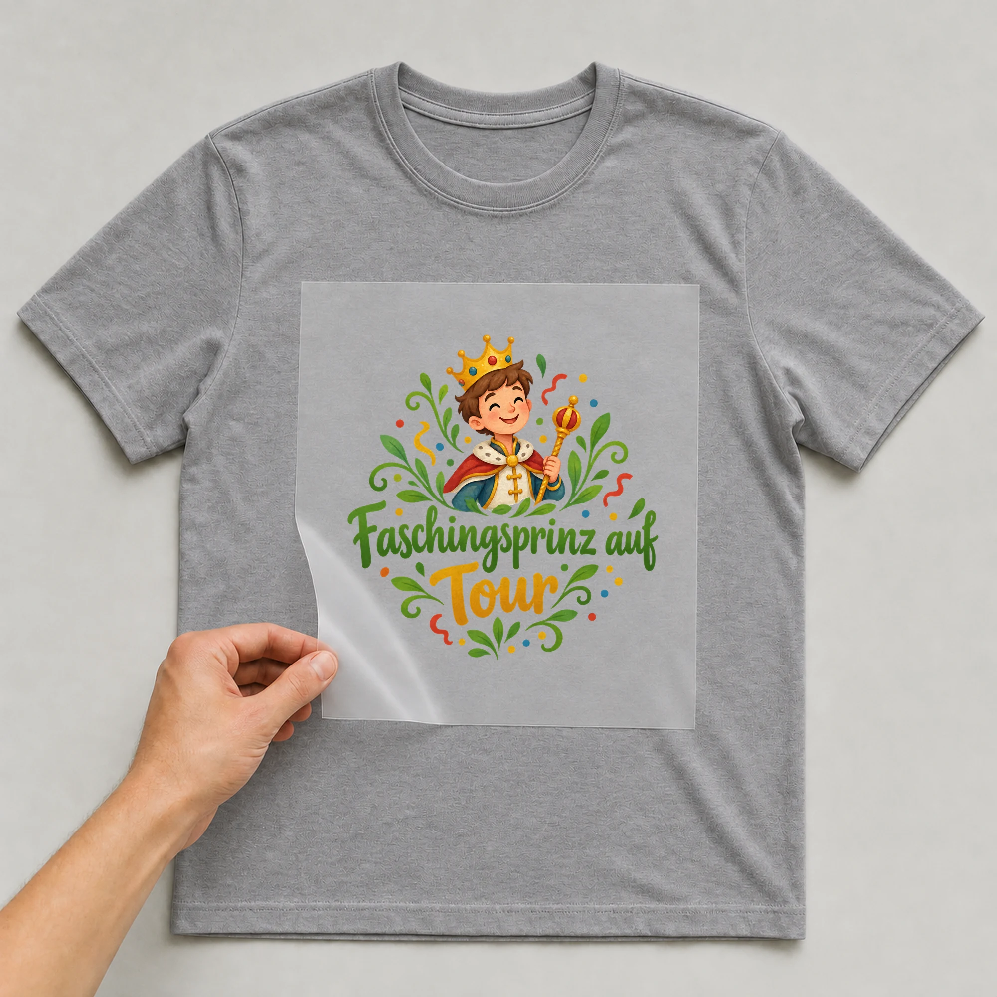 Bügelbild „Faschingsprinz auf Tour“ auf grauem T-Shirt, Folie wird aufgelegt