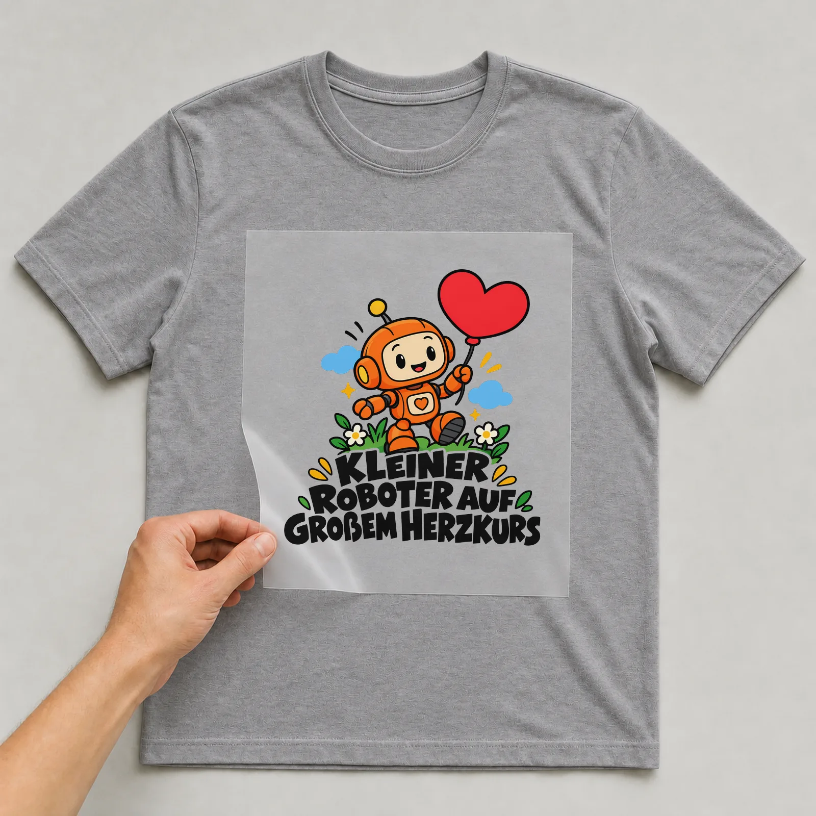 Bügelbild „KLEINER ROBOTER AUF GROßEM HERZKURS“ auf grauem T-Shirt, Folie wird aufgelegt
