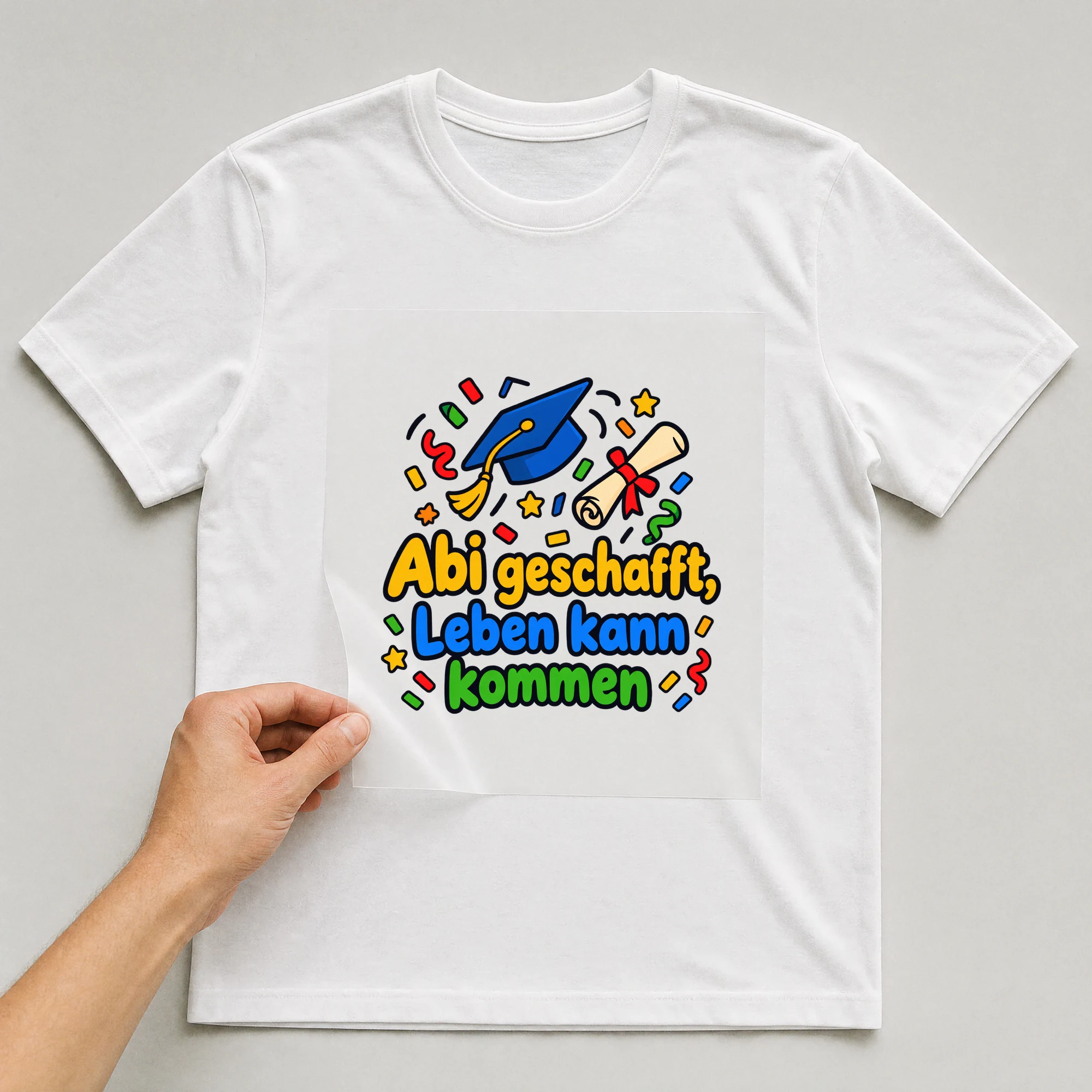 Bügelbild „Abi geschafft, Leben kann kommen“ auf weißem T-Shirt, Folie wird aufgelegt