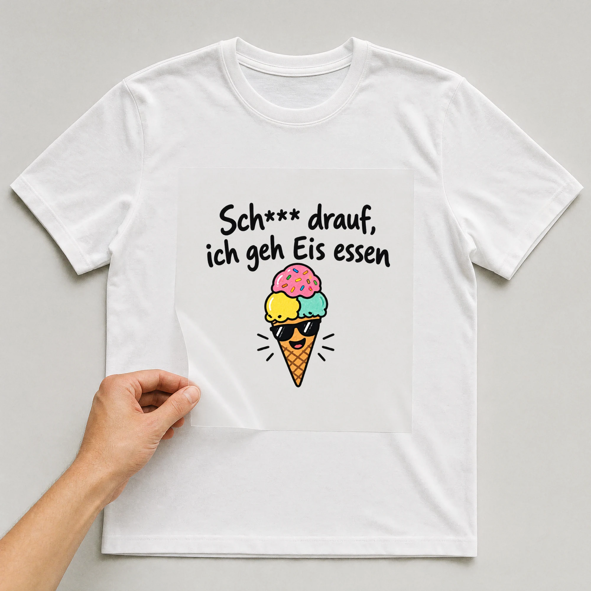 Bügelbild „Sch*** drauf, ich geh Eis essen“ auf weißem T-Shirt, Folie wird aufgelegt
