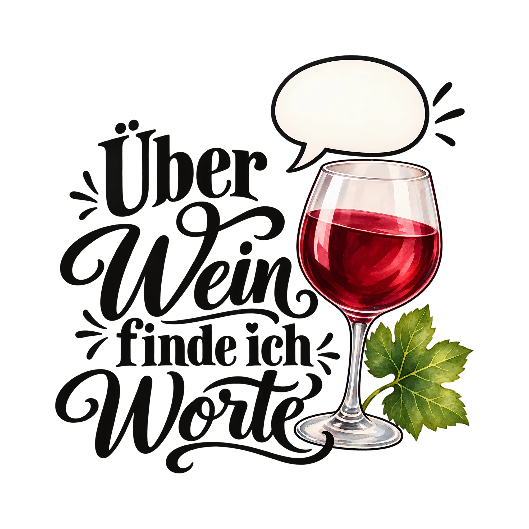Bügelbild Über Wein finde ich Worte als Grafik auf weißem Hintergrund (BB011924)