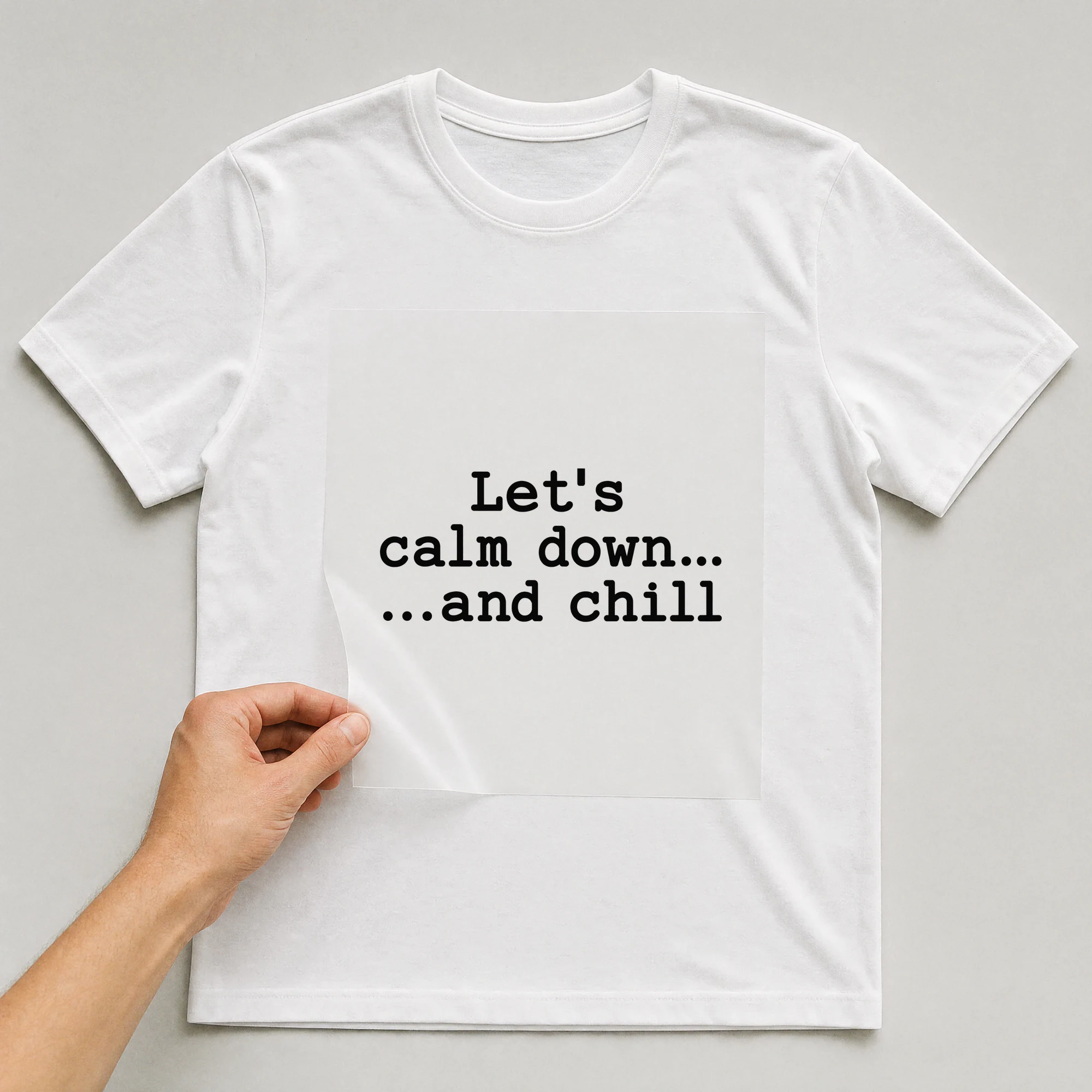 Bügelbild „Let's calm down... ...and chill“ auf weißem T-Shirt, Folie wird aufgelegt