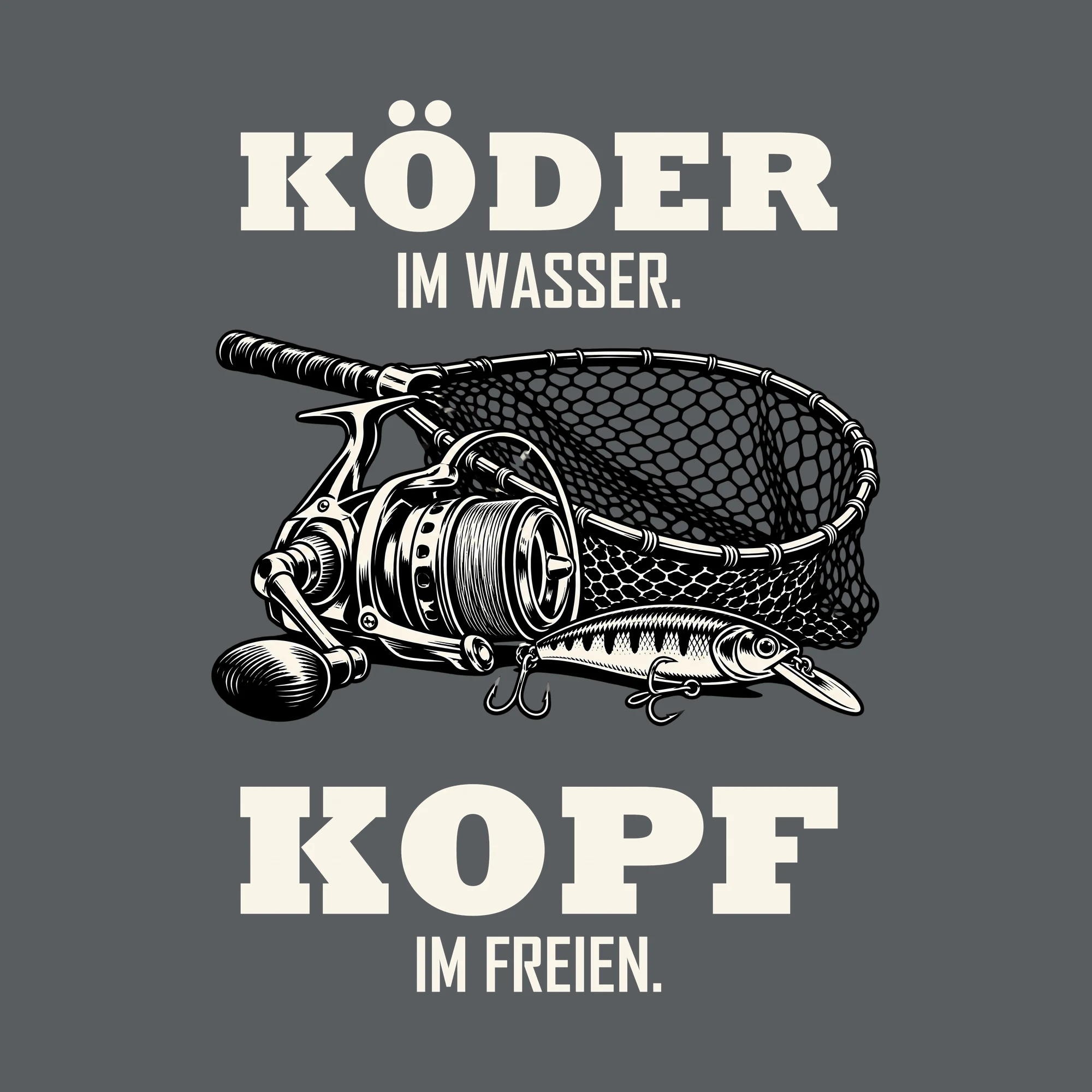 Bügelbild KÖDER IM WASSER. KOPF IM FREIEN. als Grafik auf dunklem Hintergrund (BB012768)
