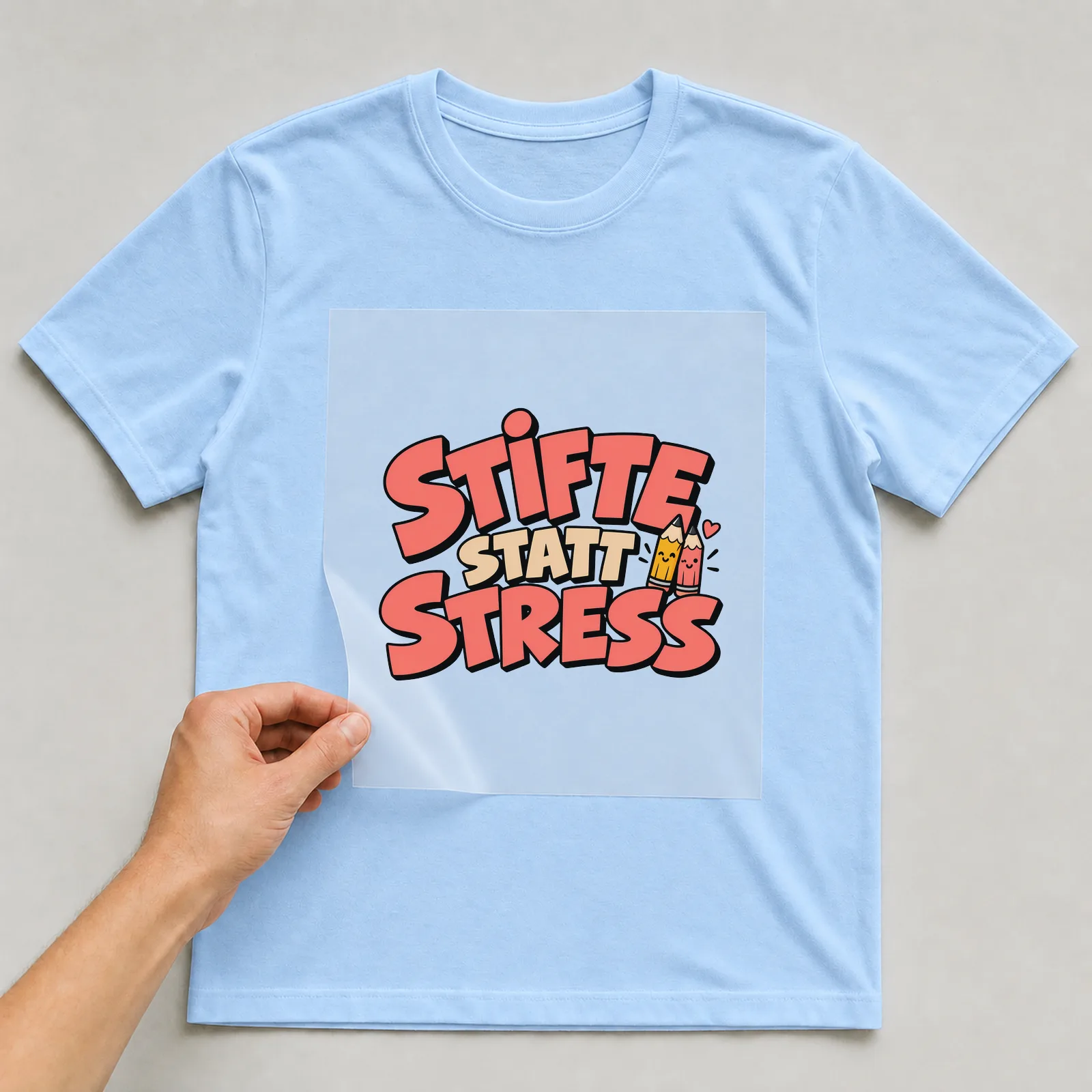 Bügelbild „Stifte statt Stress“ auf hellblauem T-Shirt, Folie wird aufgelegt