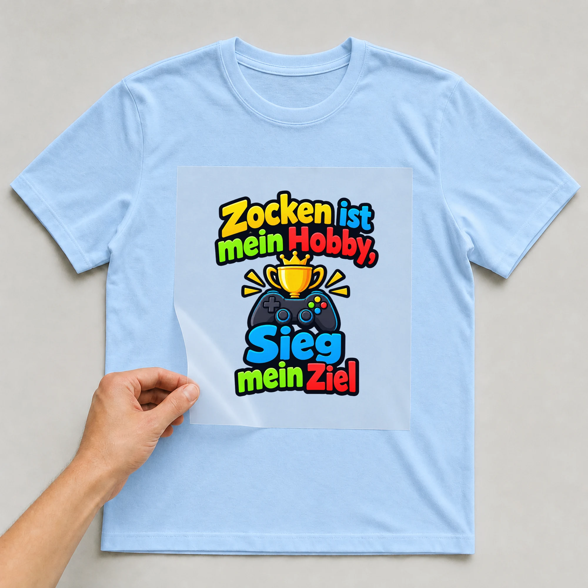 Bügelbild „Zocken ist mein Hobby, Sieg mein Ziel“ auf babyblauem T-Shirt, Folie wird aufgelegt