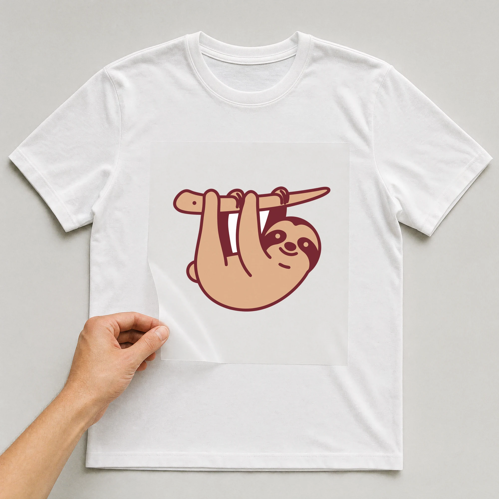 Bügelbild „Faultier am Ast“ auf weißem T-Shirt, Folie wird aufgelegt