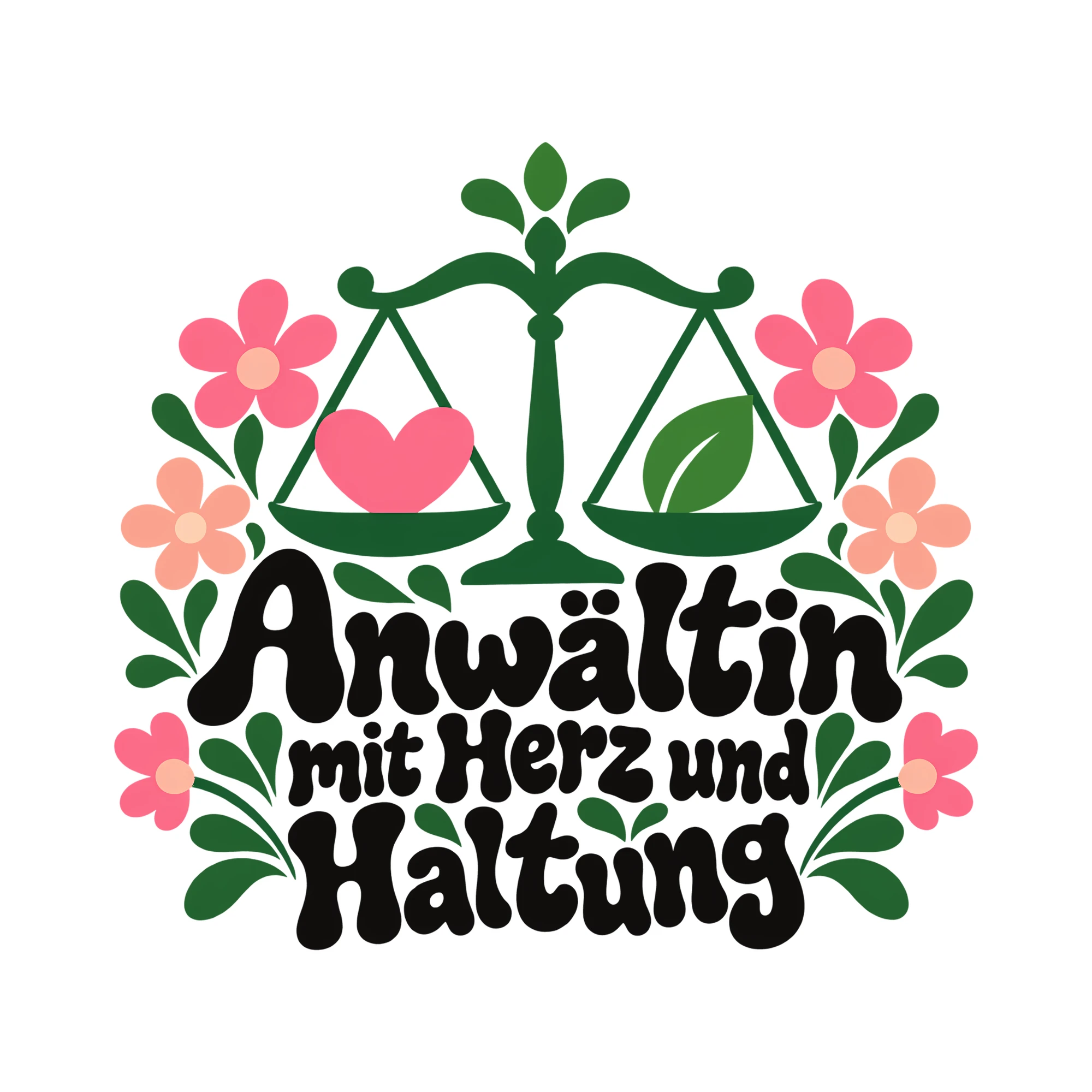 Bügelbild Anwältin mit Herz und Haltung als Grafik auf weißem Hintergrund (BB013468)