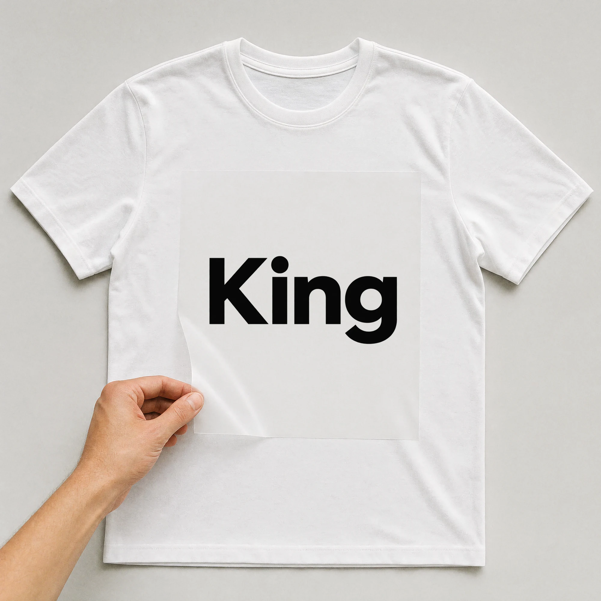 Bügelbild „King“ auf weißem T-Shirt, Folie wird aufgelegt