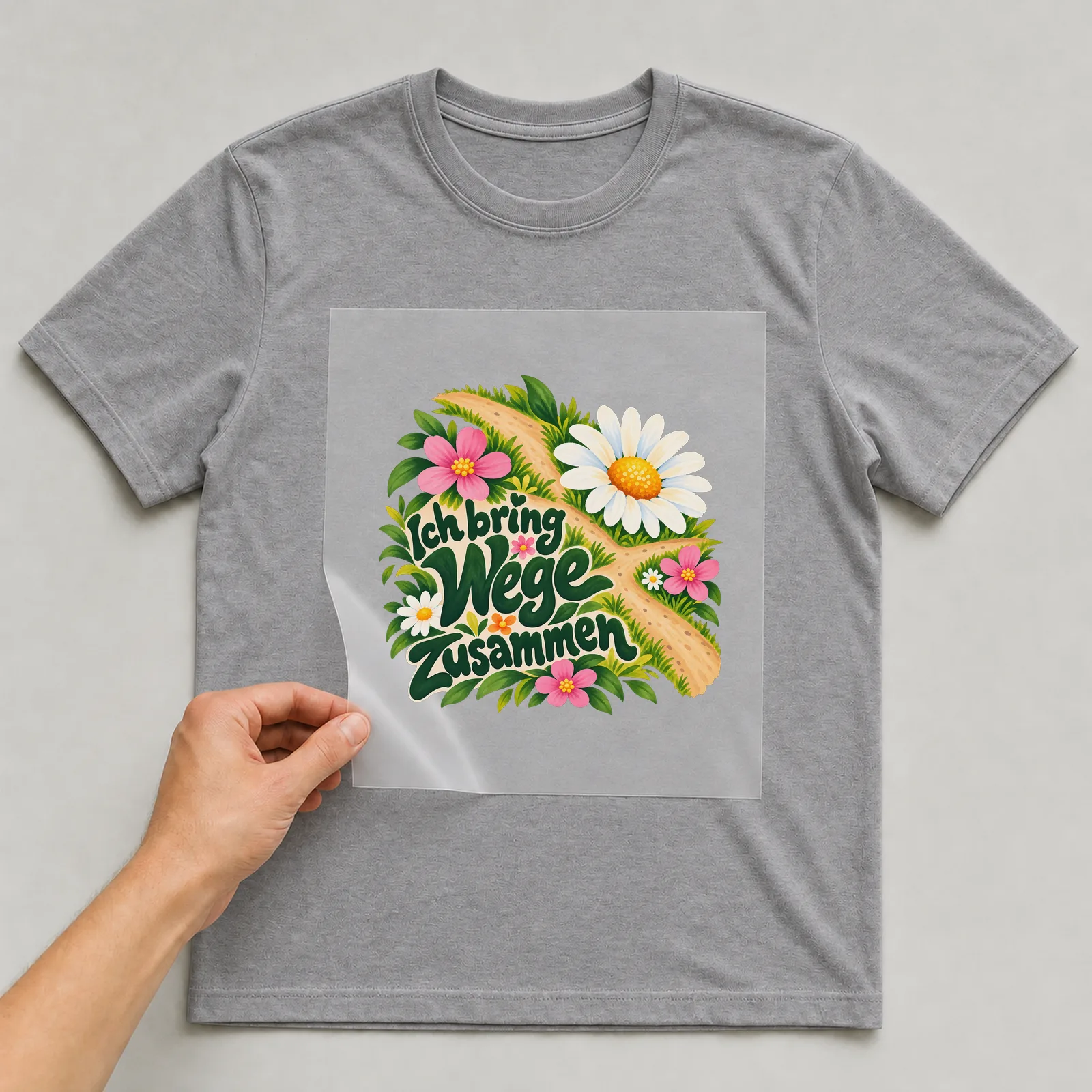 Bügelbild „Ich bring Wege zusammen“ auf grauem T-Shirt, Folie wird aufgelegt