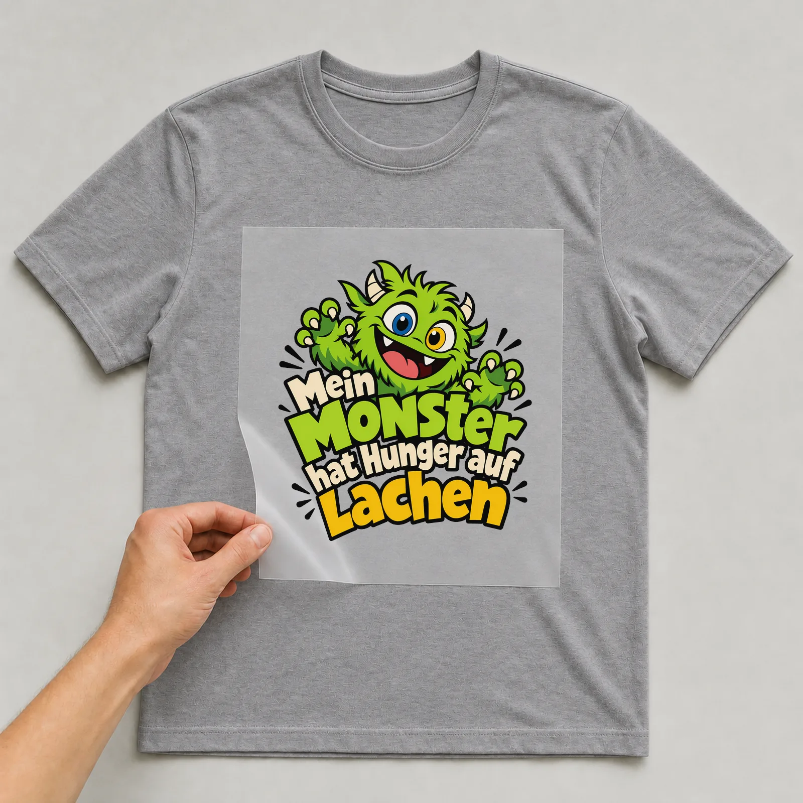 Bügelbild „Mein Monster hat Hunger auf Lachen“ auf grauem T-Shirt, Folie wird aufgelegt
