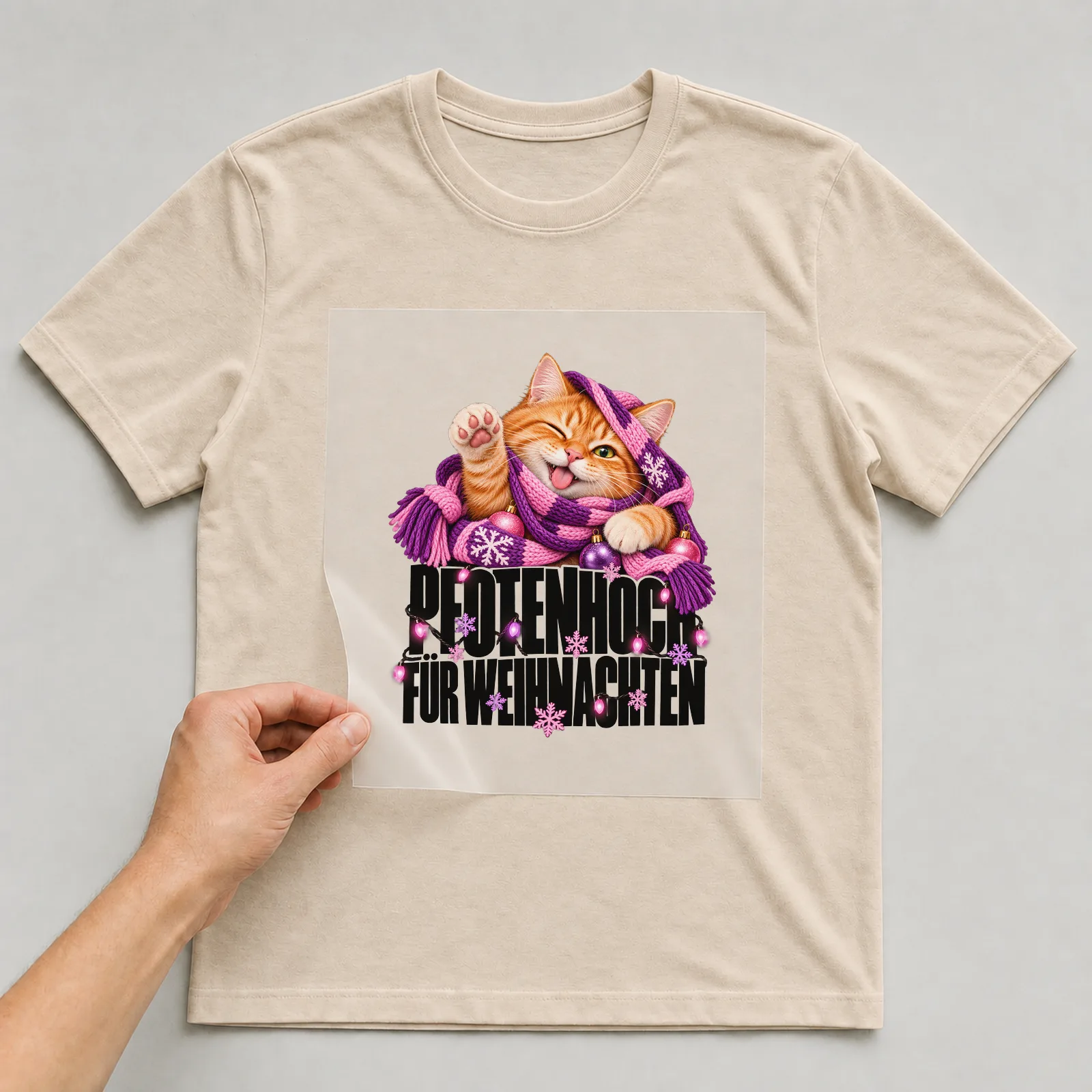 Bügelbild „Pfoten hoch für Weihnachten“ auf beigem T-Shirt, Folie wird aufgelegt
