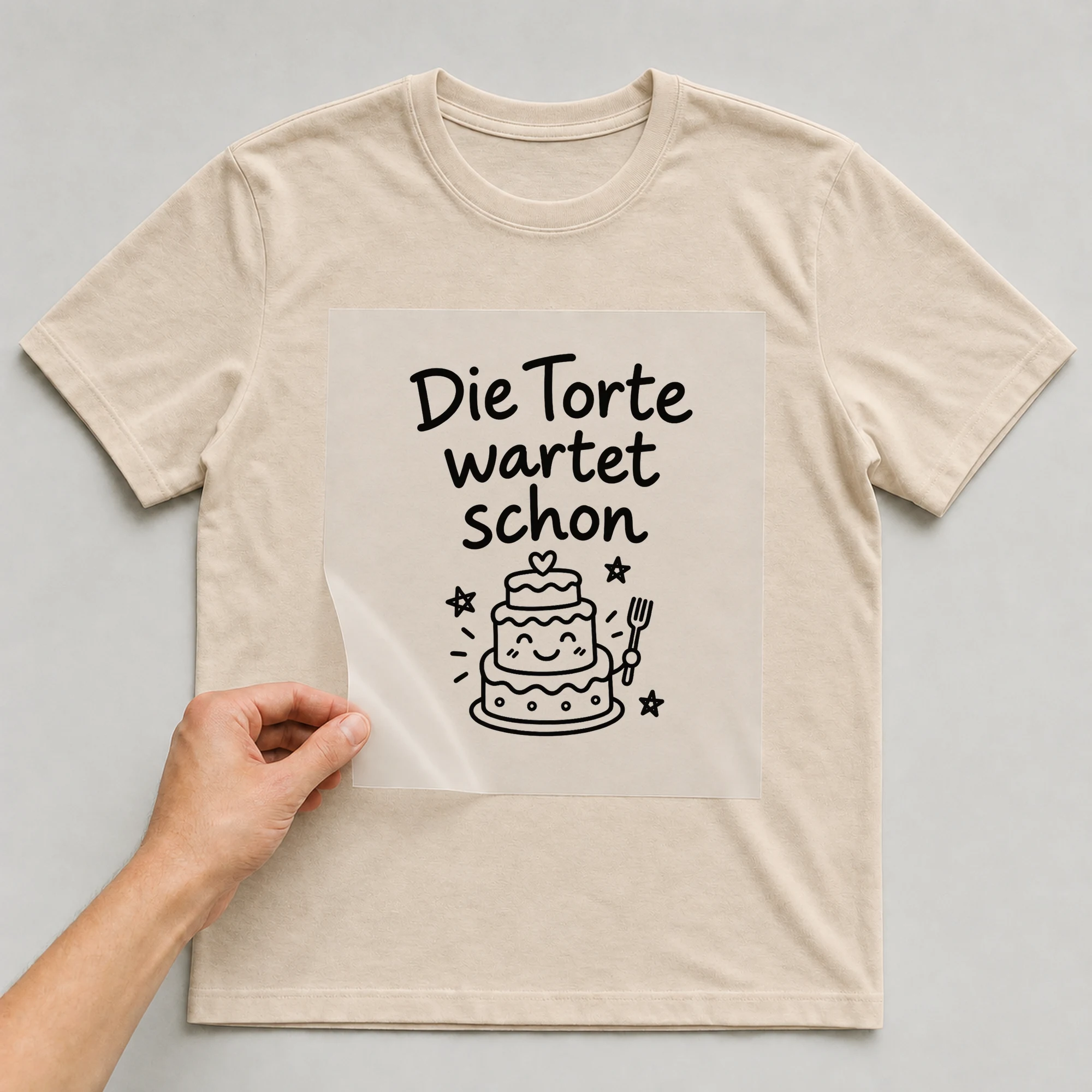 Bügelbild „Die Torte wartet schon“ auf beigem T-Shirt, Folie wird aufgelegt