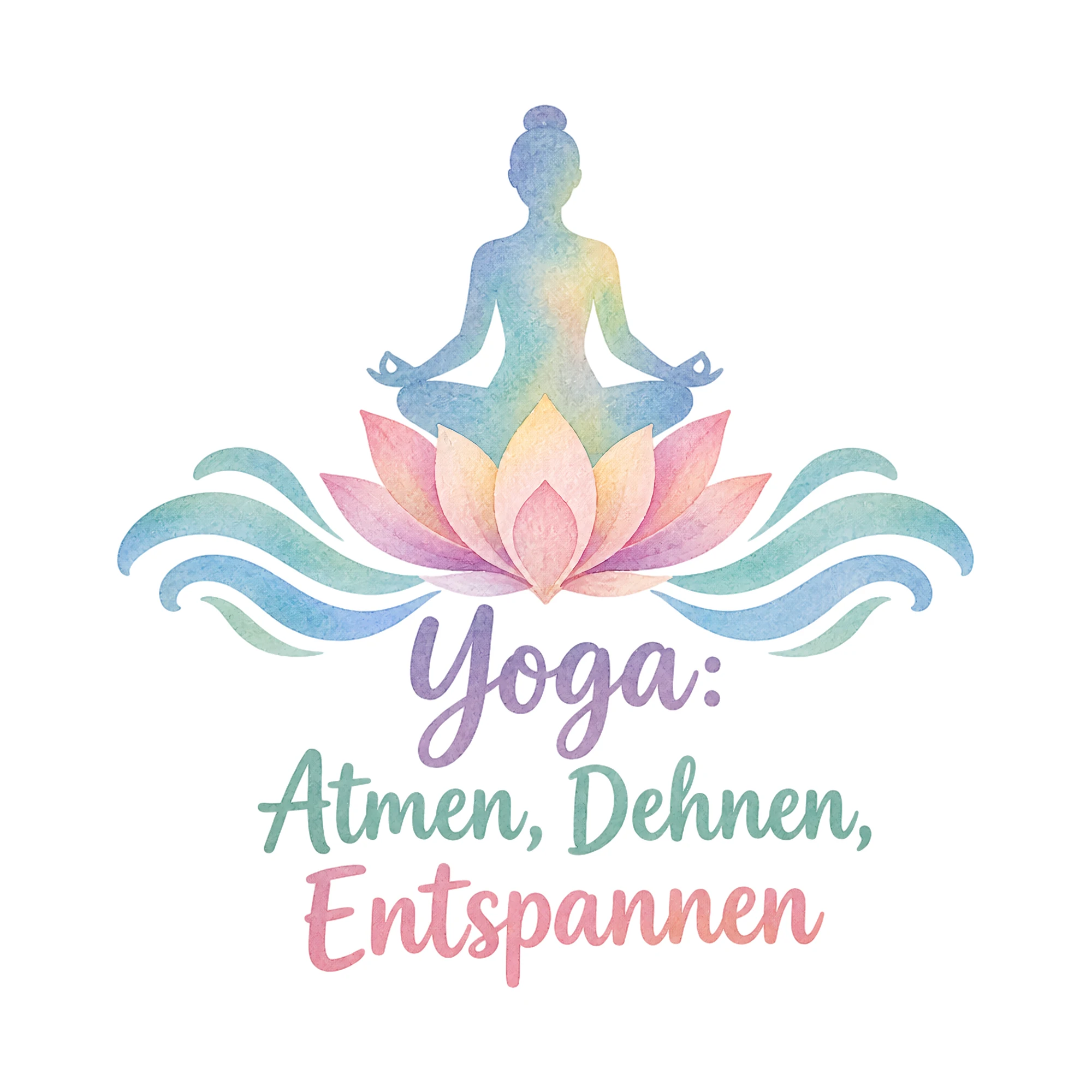 Bügelbild Yoga: Atmen, Dehnen, Entspannen, Sport Shirt Spruch als Grafik auf weißem Hintergrund (BB016517)