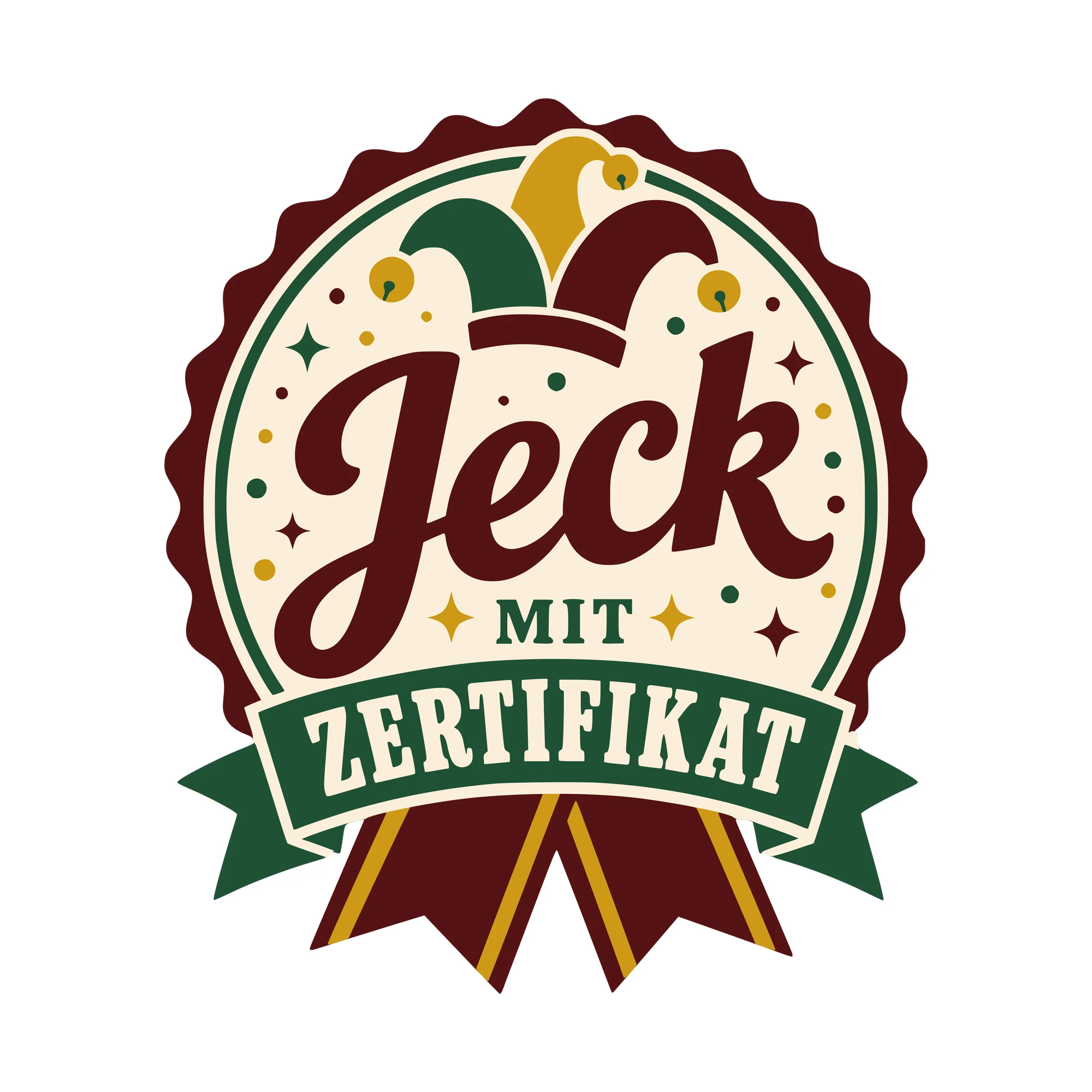 Bügelbild Jeck mit Zertifikat als Grafik auf weißem Hintergrund (BB010469)