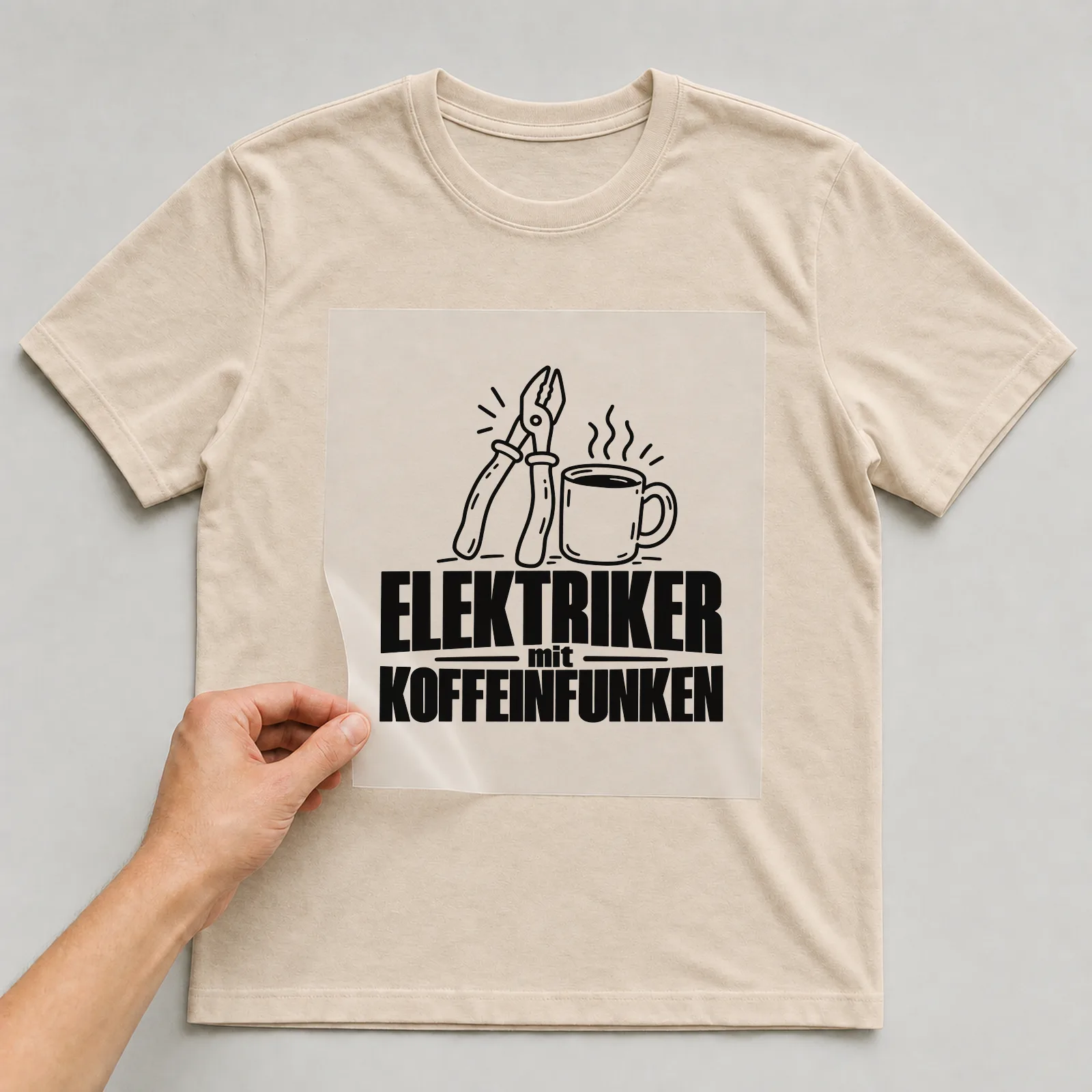 Bügelbild „Elektriker mit Koffeinfunken“ auf beigem T-Shirt, Folie wird aufgelegt