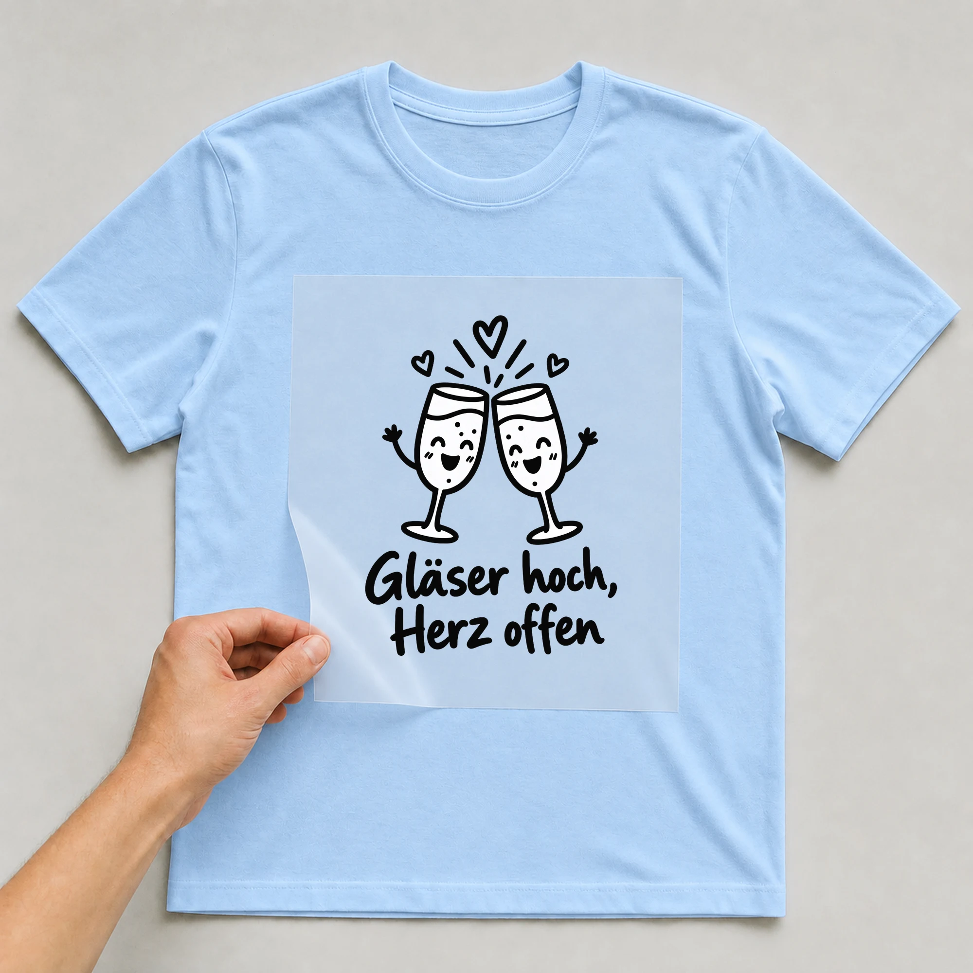 Bügelbild „Noch geradeaus im Herzen“ auf babyblauem T-Shirt, Folie wird aufgelegt