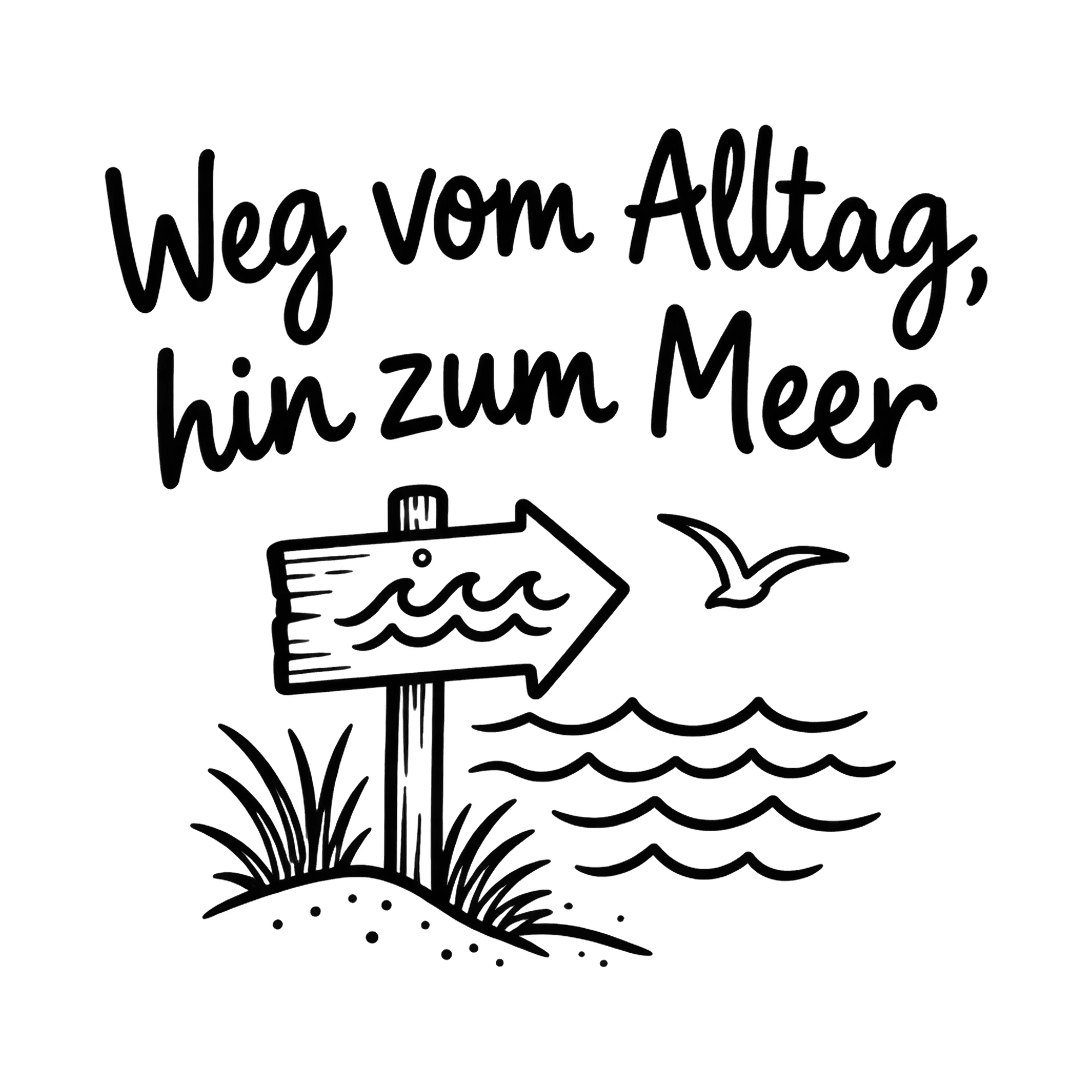Bügelbild Weg vom Alltag, hin zum Meer als Grafik auf weißem Hintergrund (BB019674)