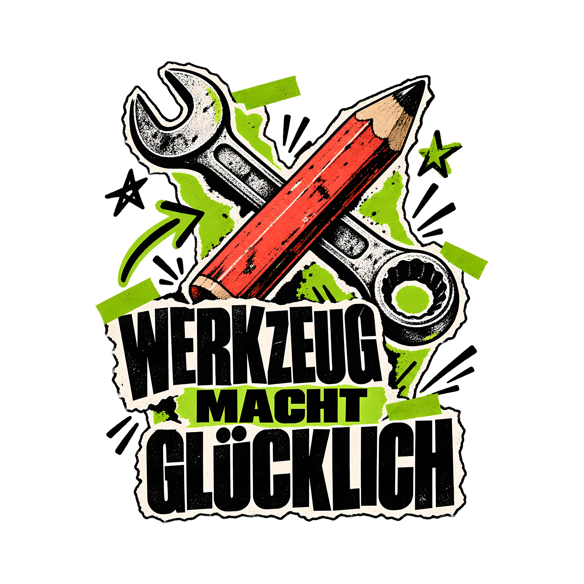 Bügelbild Werkzeug macht glücklich als Grafik auf weißem Hintergrund (BB011564)