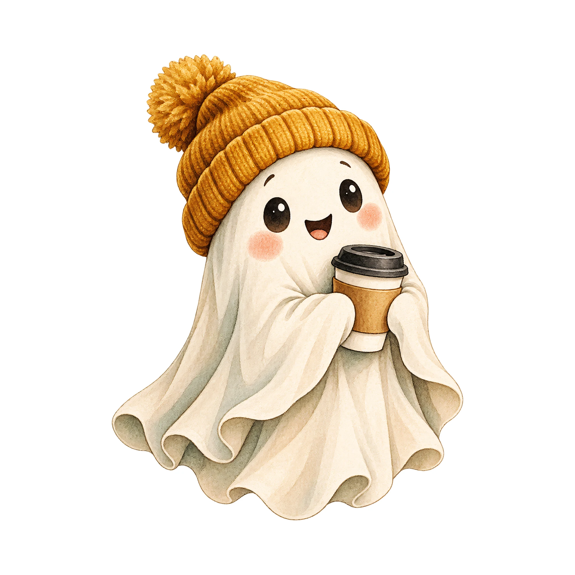 Bügelbild „Gespenst mit Kaffee“, Halloween Shirt Spruch als Grafik auf weißem Hintergrund (BB019097)