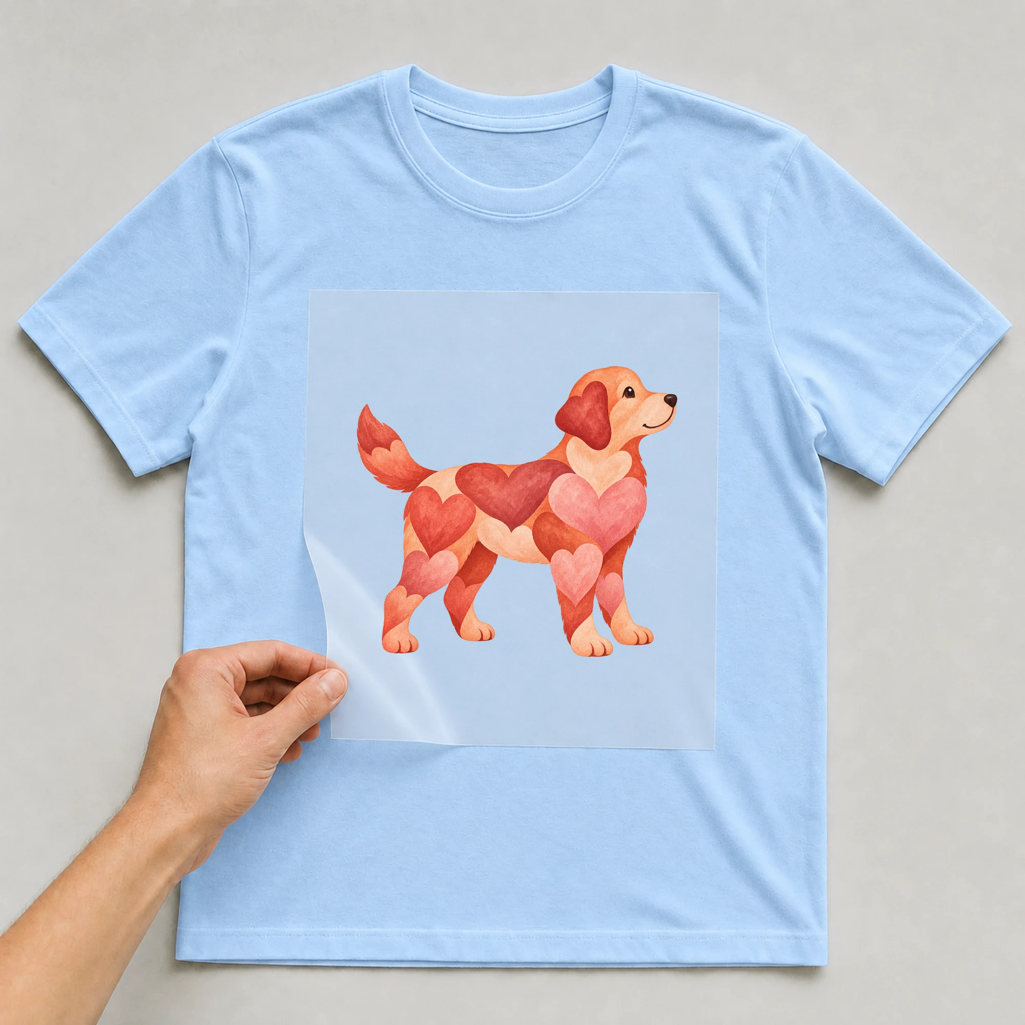 Bügelbild „Herz Hund“ auf babyblauem T-Shirt, Folie wird aufgelegt