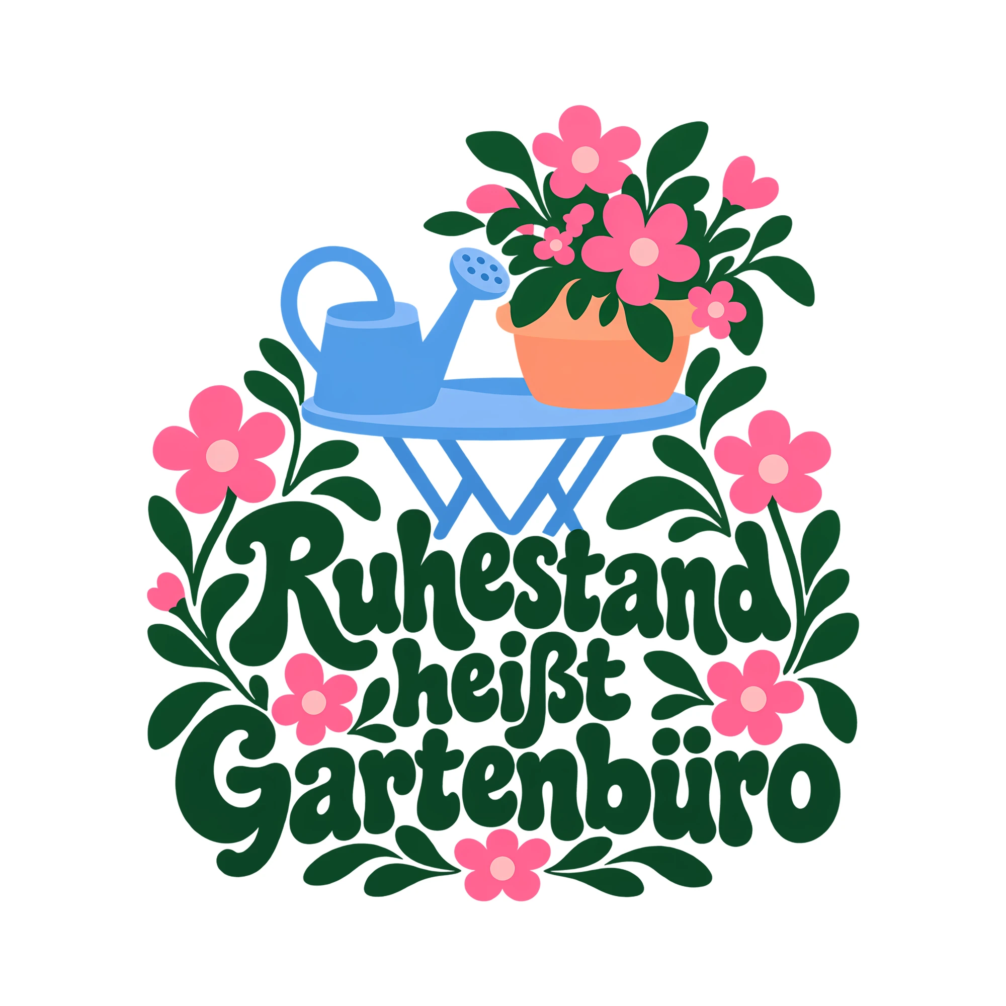 Bügelbild Ruhestand heißt Gartenbüro als Grafik auf weißem Hintergrund (BB011668)
