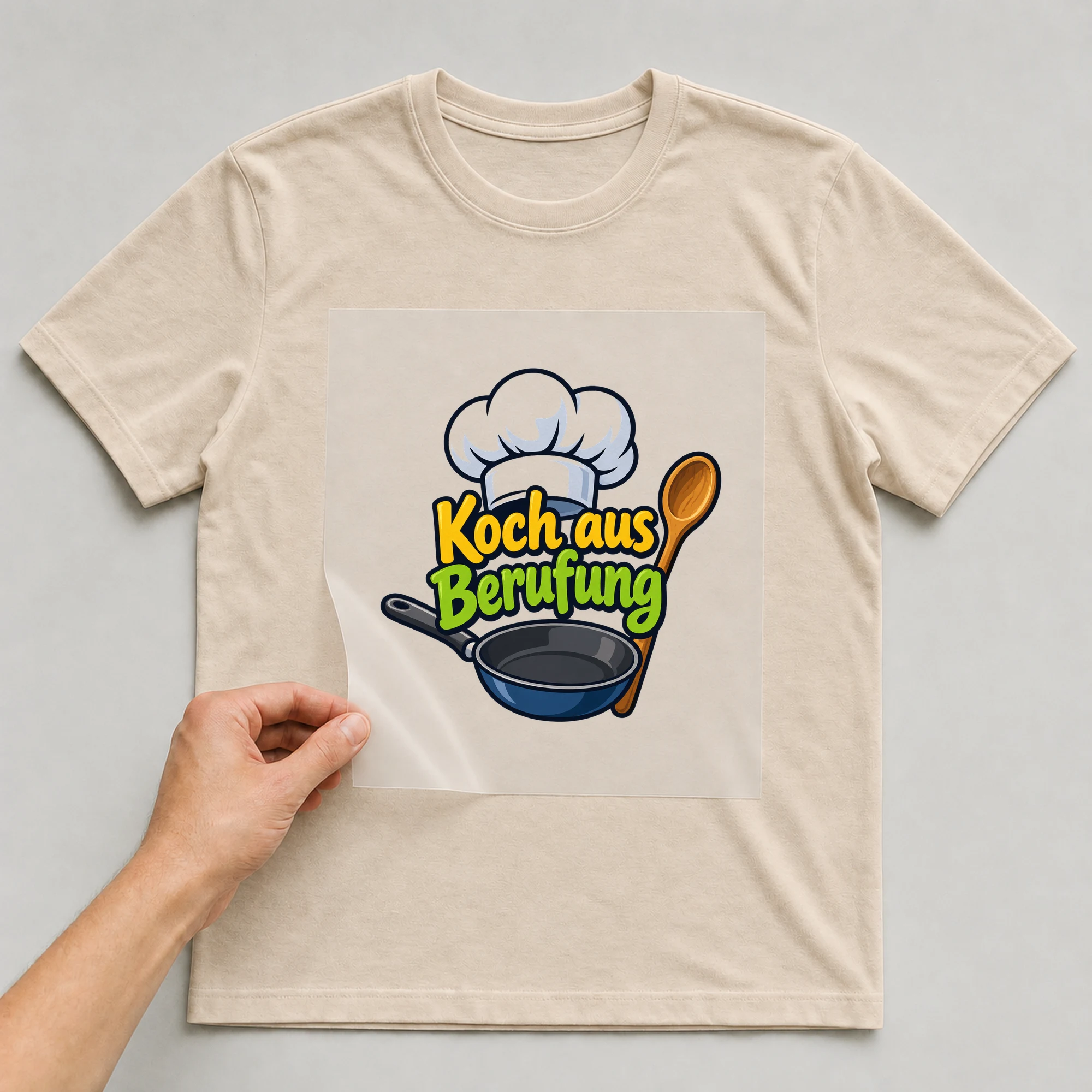 Bügelbild „Koch aus Berufung“ auf beigem T-Shirt, Folie wird aufgelegt