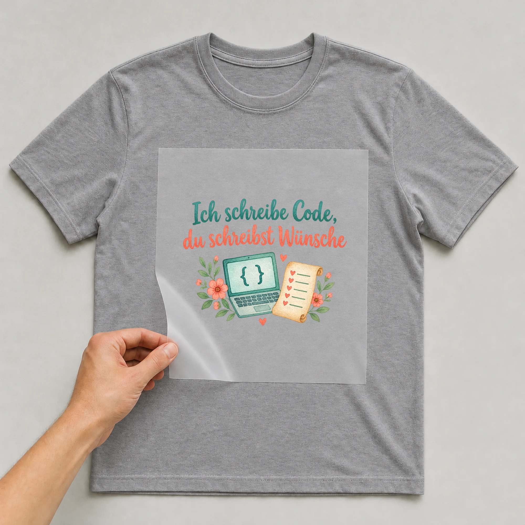 Bügelbild „Ich schreibe Code, du schreibst Wünsche“ auf grauem T-Shirt, Folie wird aufgelegt