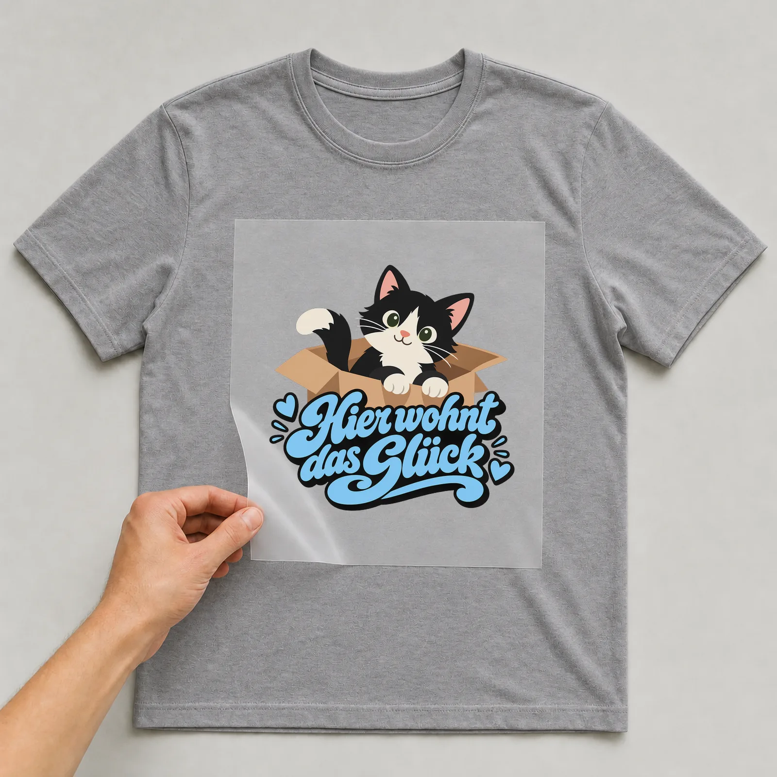Bügelbild „Hier wohnt das Glück“ auf grauem T-Shirt, Folie wird aufgelegt