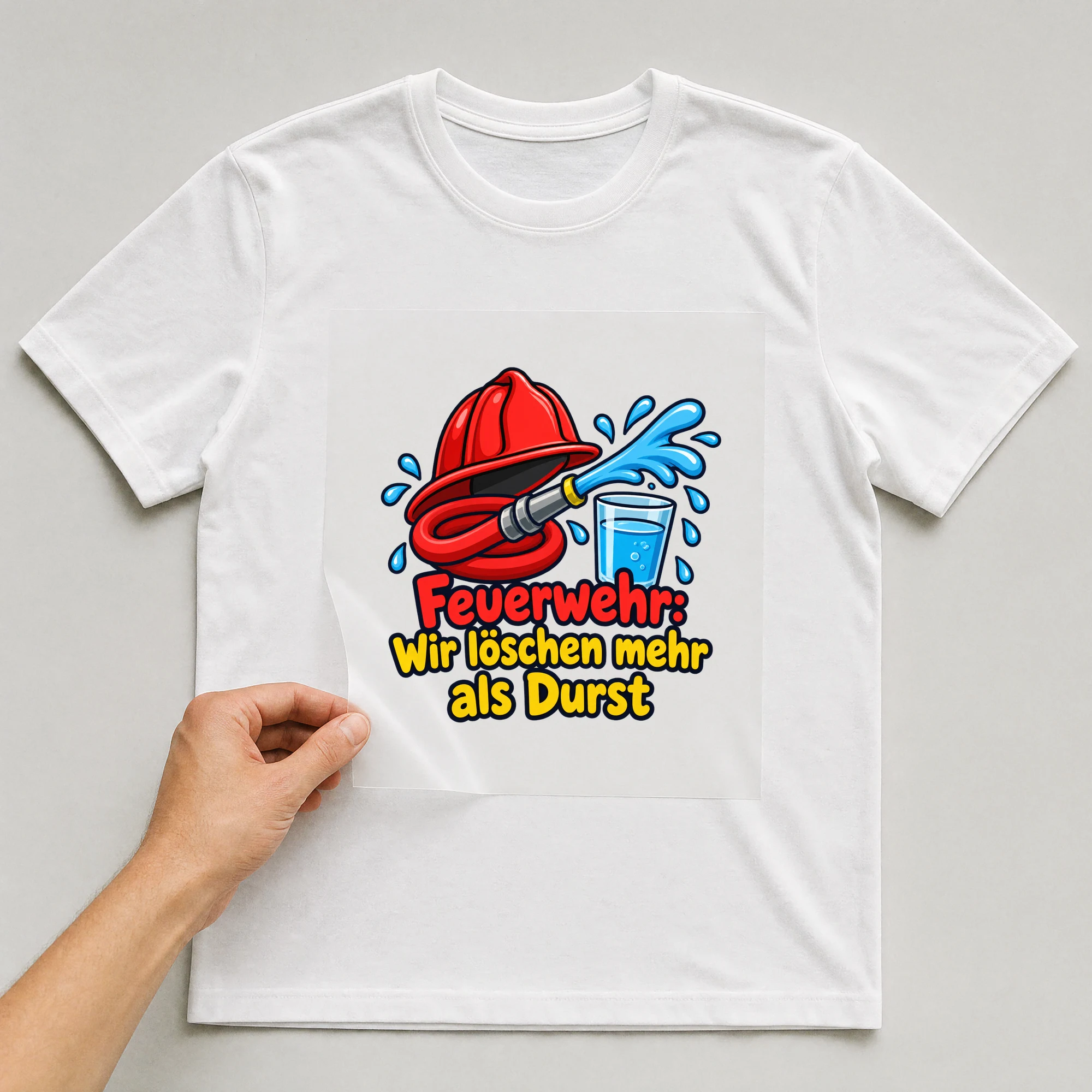 Bügelbild „Feuerwehr: Wir löschen mehr als Durst“ auf weißem T-Shirt, Folie wird aufgelegt