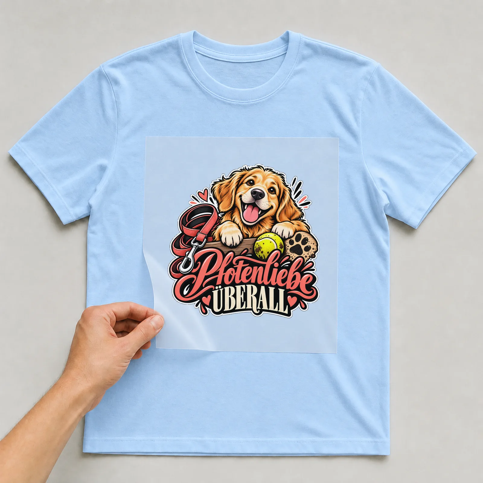 Bügelbild „Pfotenliebe überall“ auf hellblauem T-Shirt, Folie wird aufgelegt