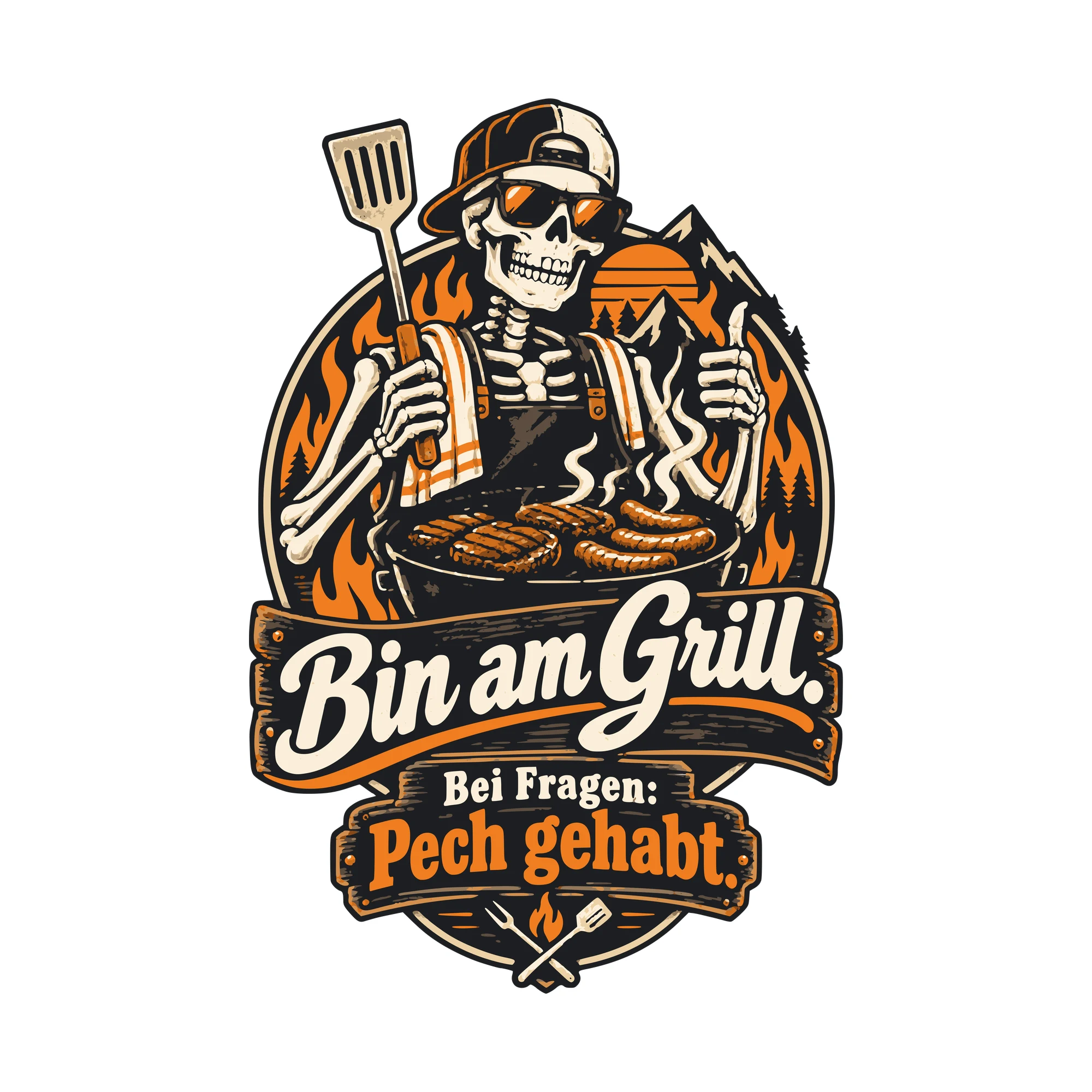 Bügelbild Bin am Grill. Bei Fragen: Pech gehabt. als Grafik auf weißem Hintergrund (BB011095)
