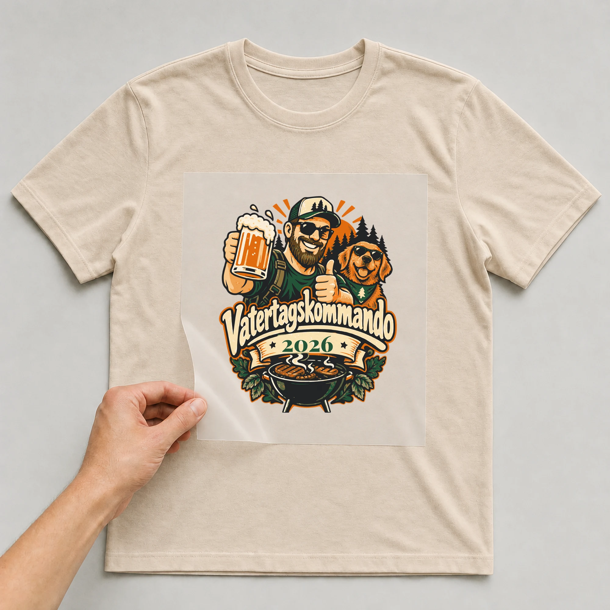 Bügelbild Vatertagskommando mit Jahr auf beigem T-Shirt, Folie wird aufgelegt