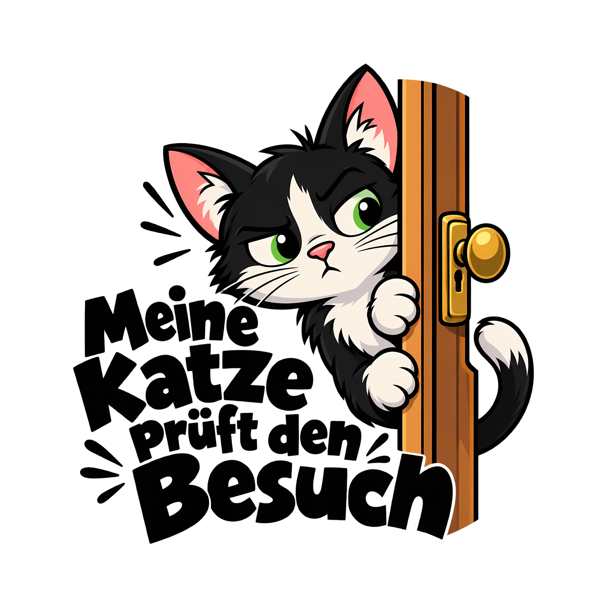 Bügelbild Meine Katze prüft den Besuch als Grafik auf weißem Hintergrund (BB012329)