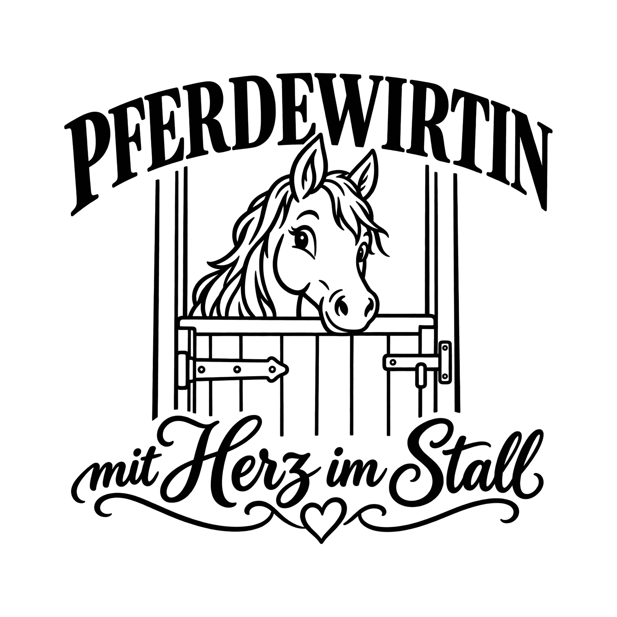 Bügelbild Pferdewirtin mit Herz im Stall als Grafik auf weißem Hintergrund (BB013547)