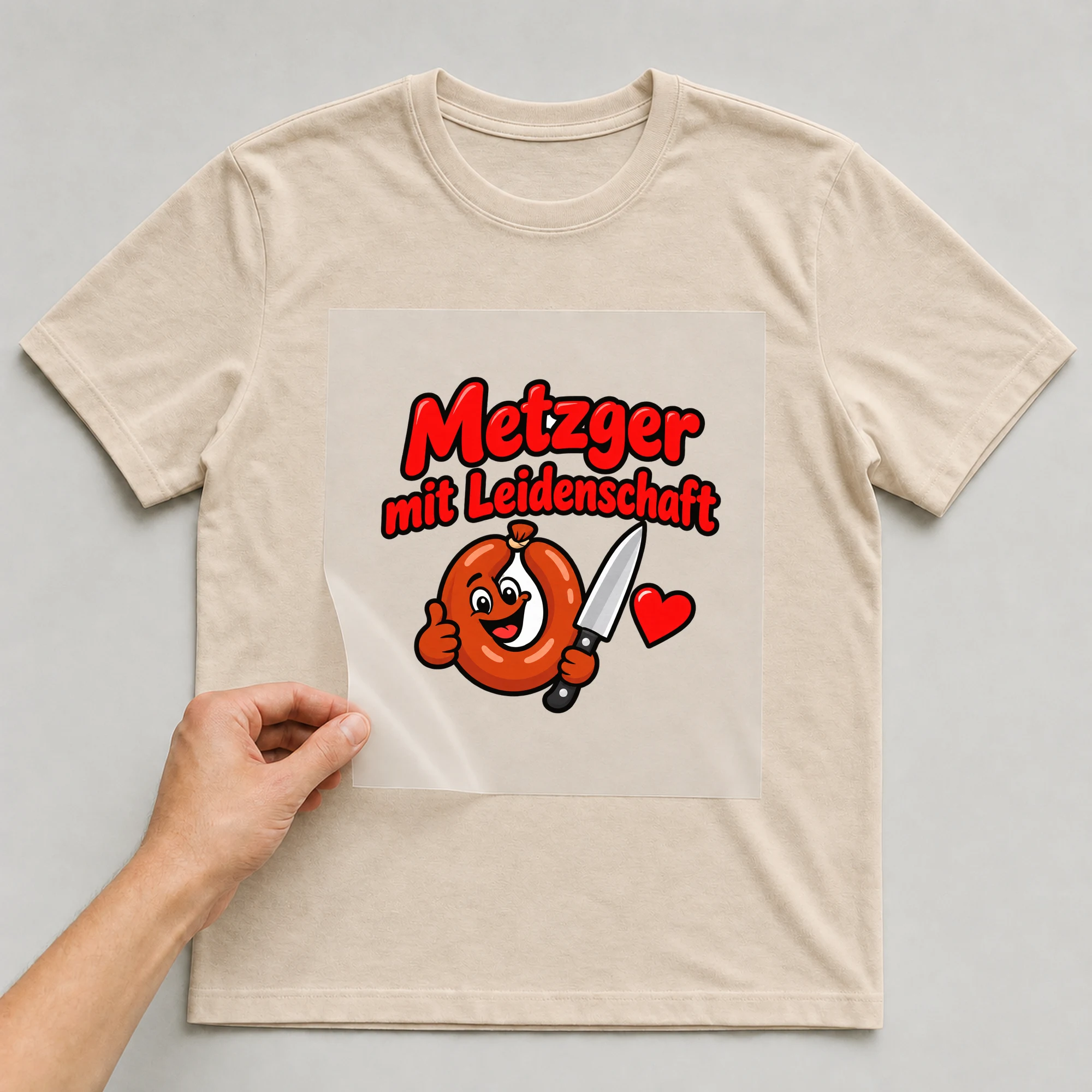Bügelbild „Metzger mit Leidenschaft“ auf beigem T-Shirt, Folie wird aufgelegt