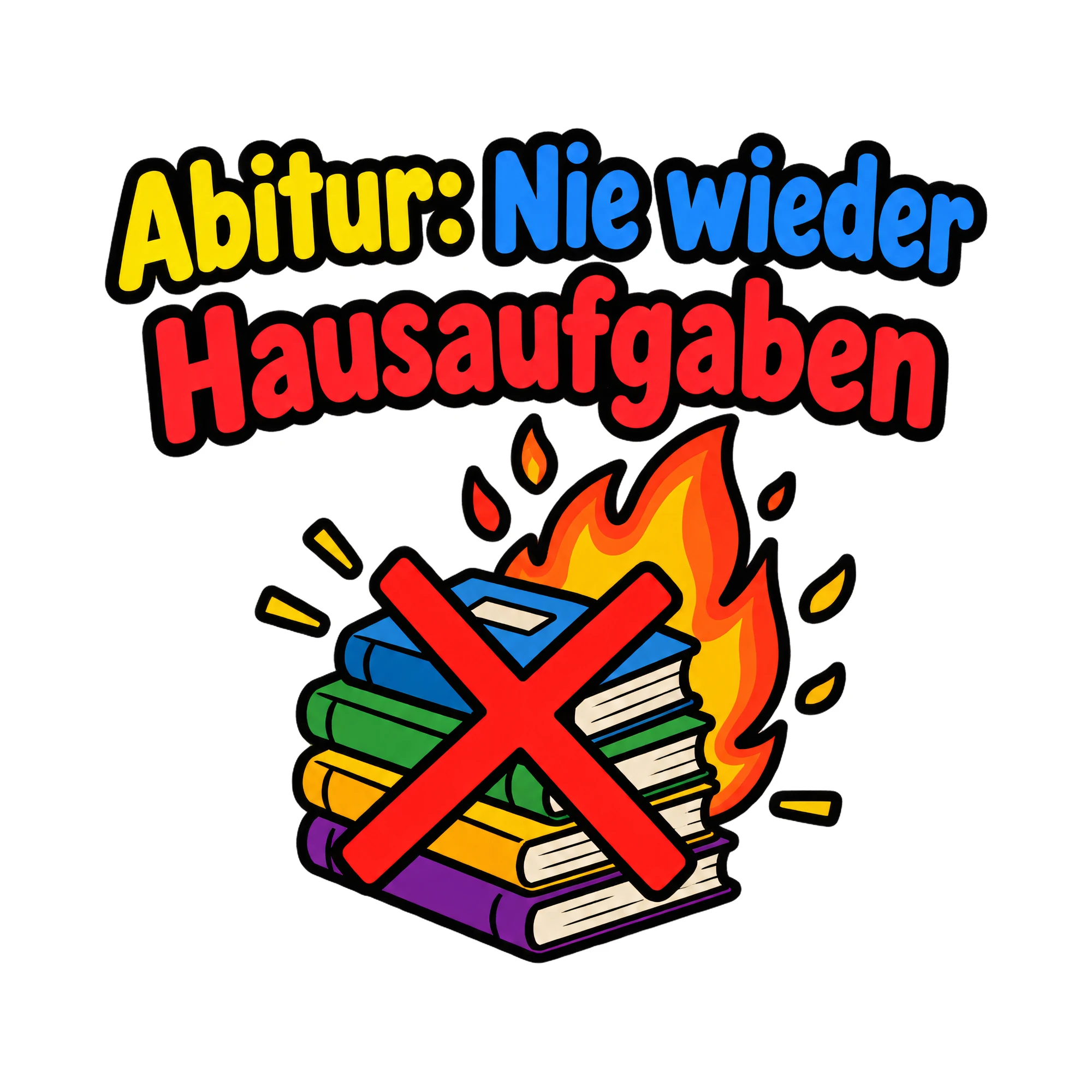 Bügelbild Abitur: Nie wieder Hausaufgaben, Abi Shirt Spruch als Grafik auf weißem Hintergrund (BB020139)