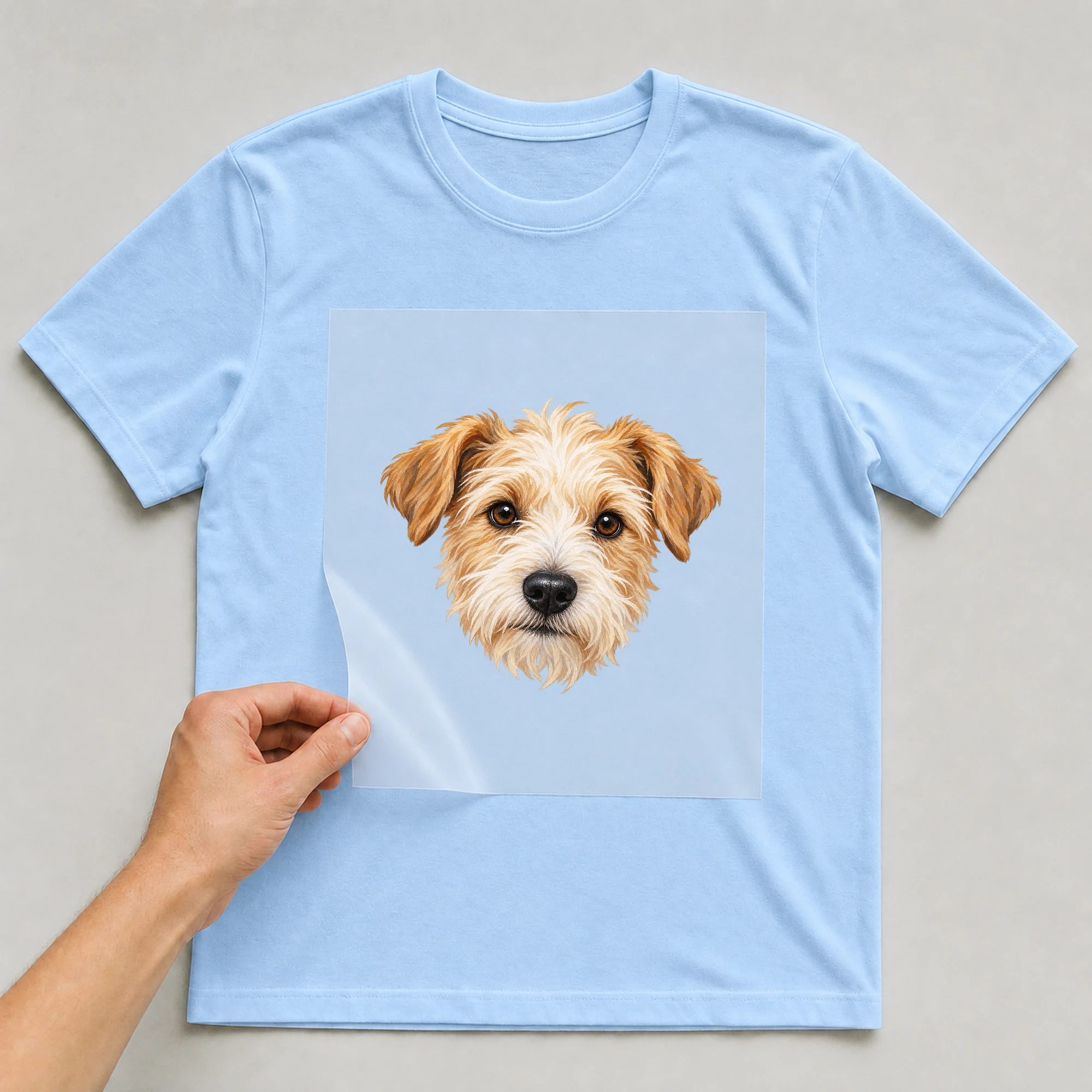 Bügelbild „Kleiner Hund“ auf babyblauem T-Shirt, Folie wird aufgelegt