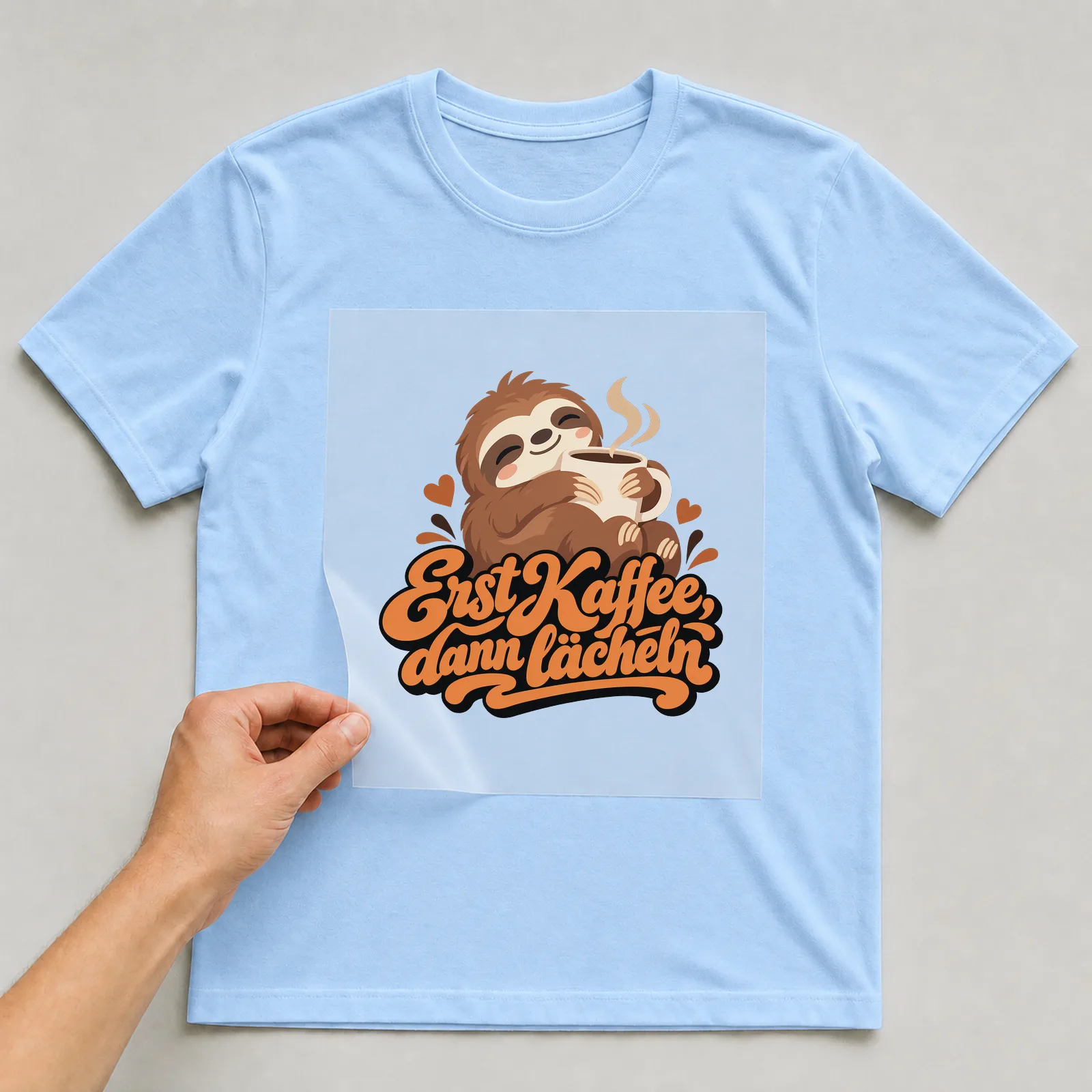 Bügelbild „Erst Kaffee dann lächeln“ auf hellblauem T-Shirt, Folie wird aufgelegt