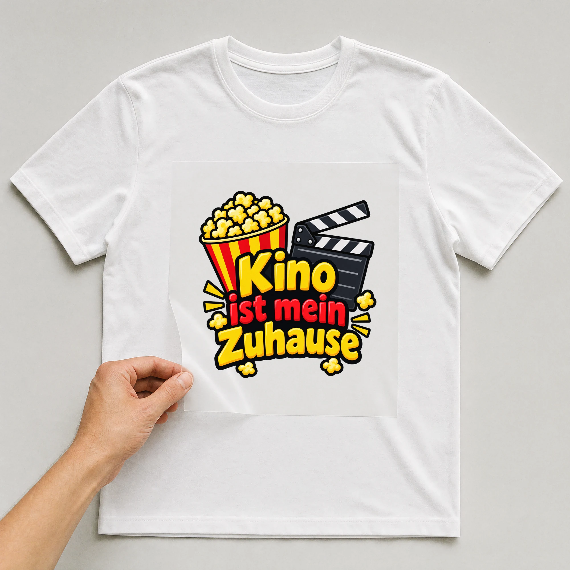 Bügelbild „Kino ist mein Zuhause“ auf weißem T-Shirt, Folie wird aufgelegt