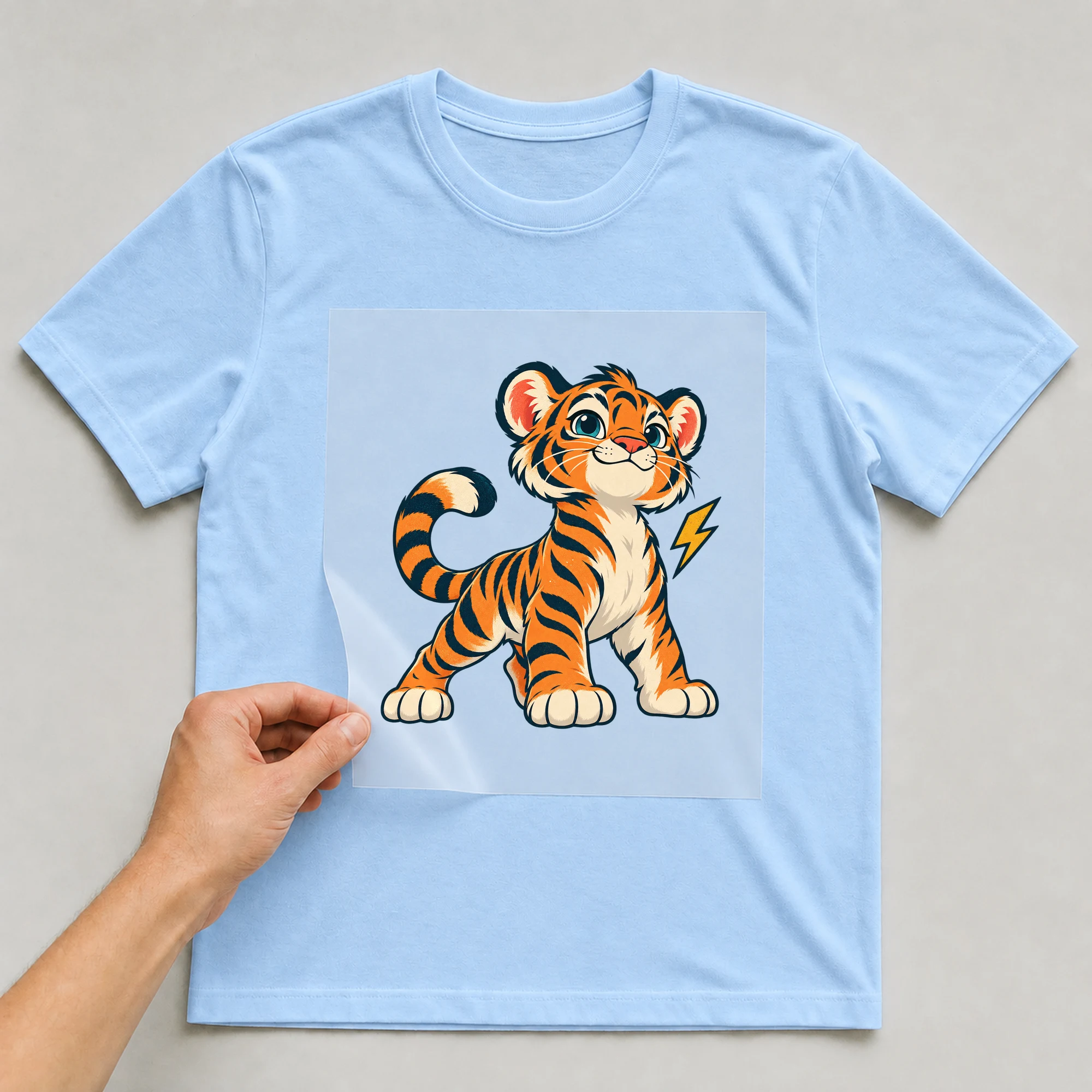 Bügelbild „Starker Tiger“ auf babyblauem T-Shirt, Folie wird aufgelegt