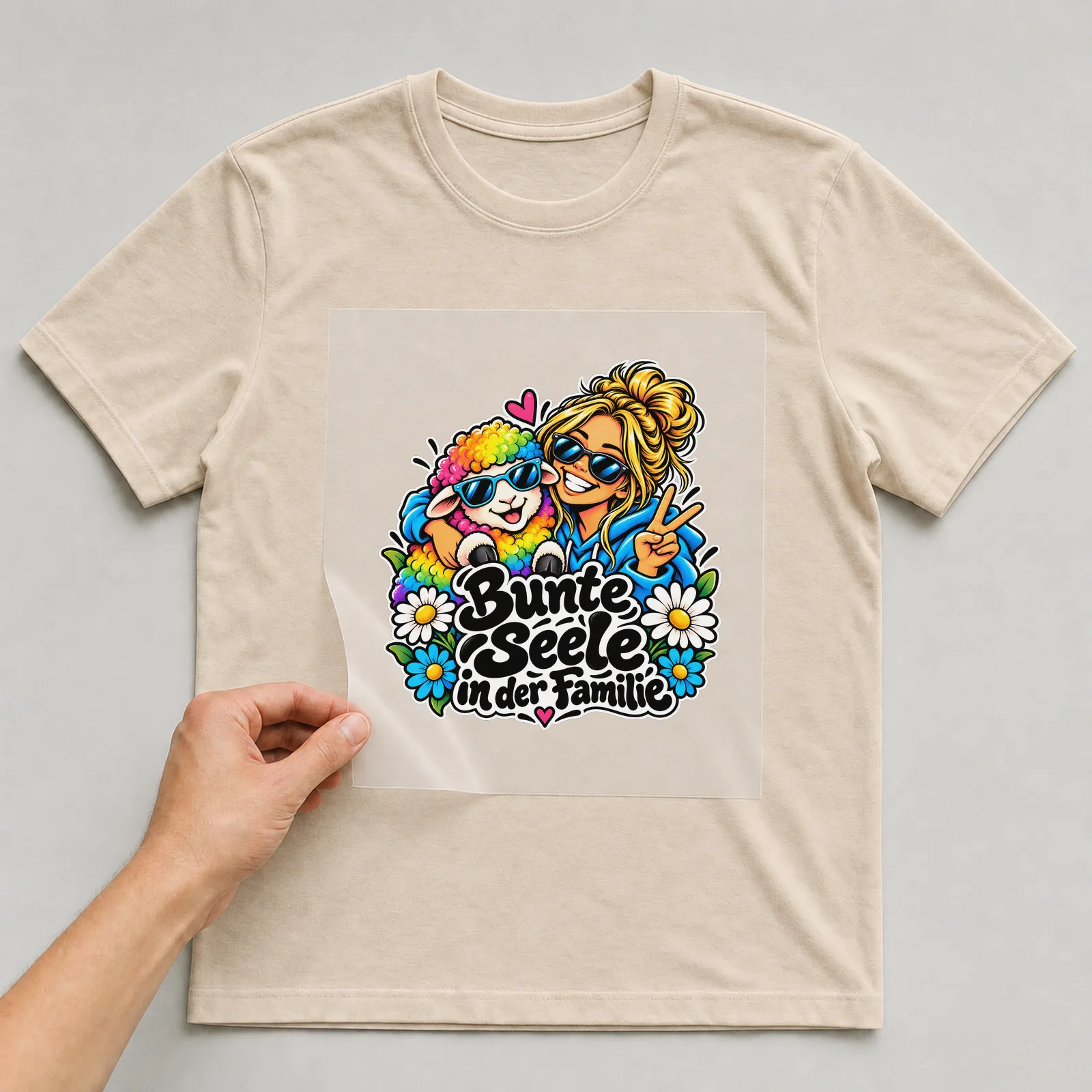 Bügelbild „Bunte Seele in der Familie“ auf beigem T-Shirt, Folie wird aufgelegt