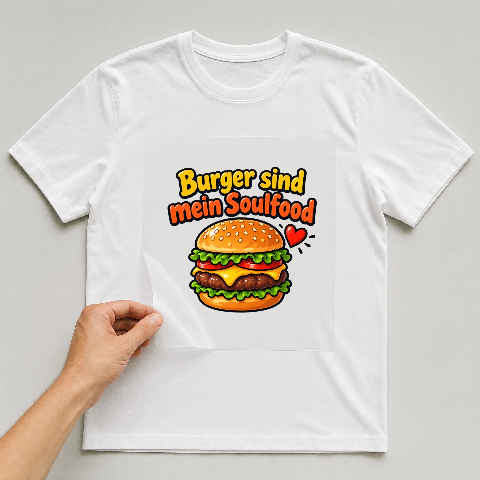Bügelbild „Burger sind mein Soulfood“ auf weißem T-Shirt, Folie wird aufgelegt