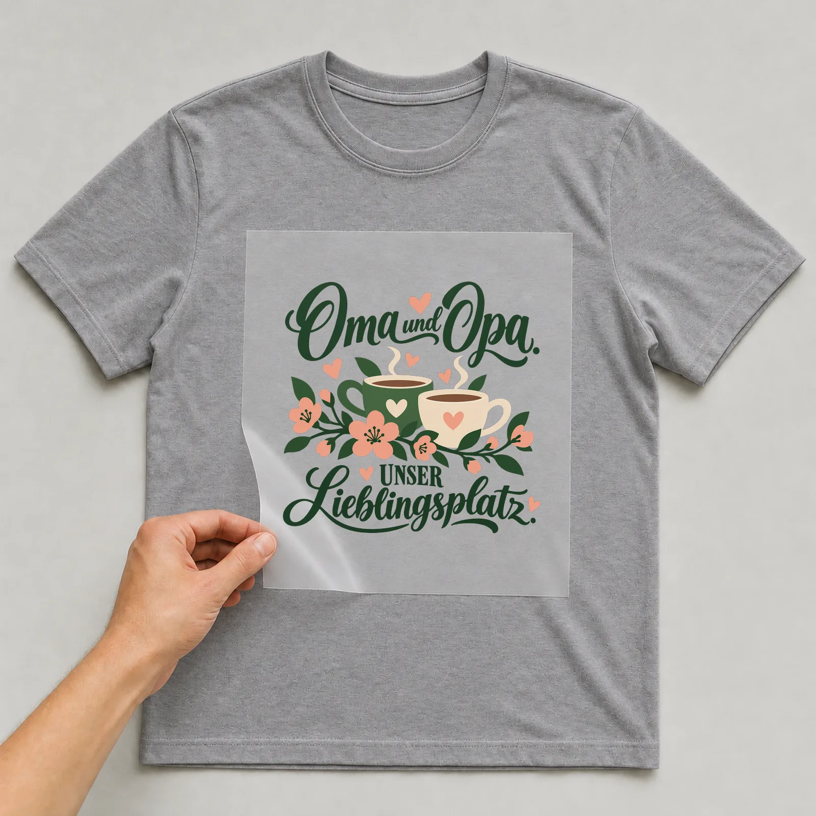 Bügelbild „Oma und Opa. Unser Lieblingsplatz.“ auf grauem T-Shirt, Folie wird aufgelegt
