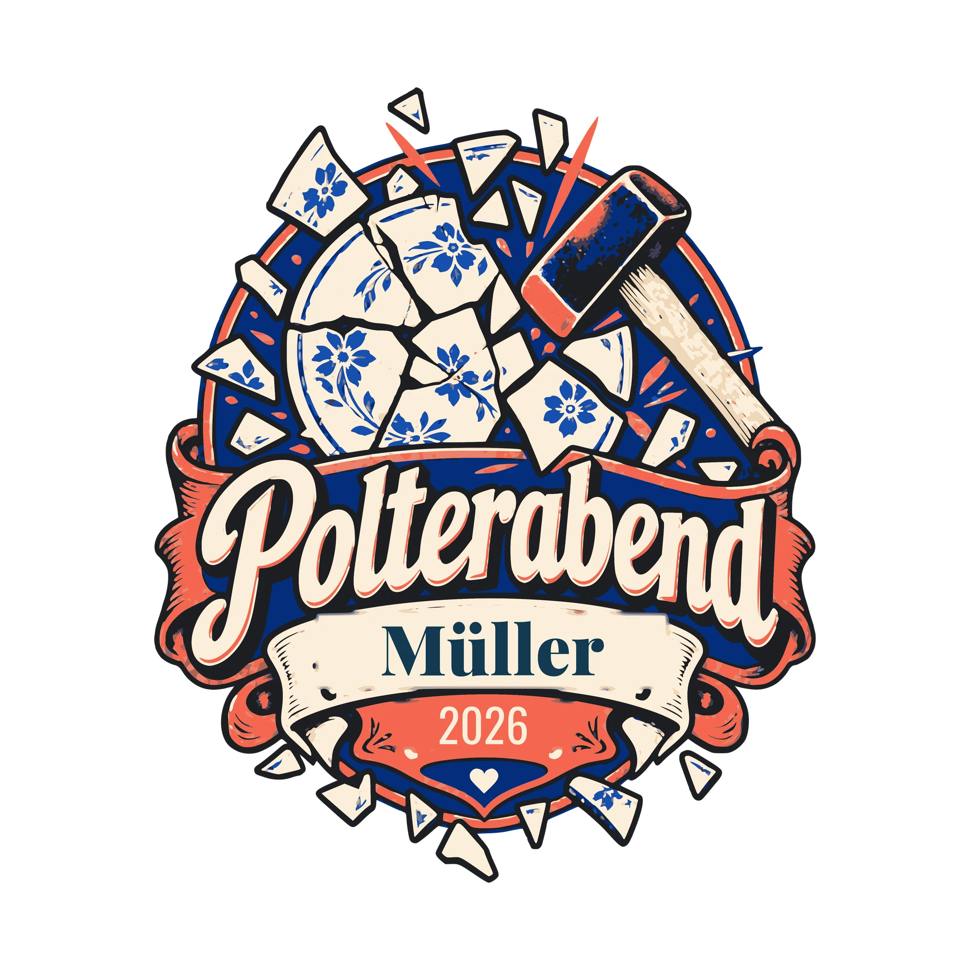 Bügelbild Polterabend mit Nachname und Jahr als Grafik auf weißem Hintergrund (BB011296)