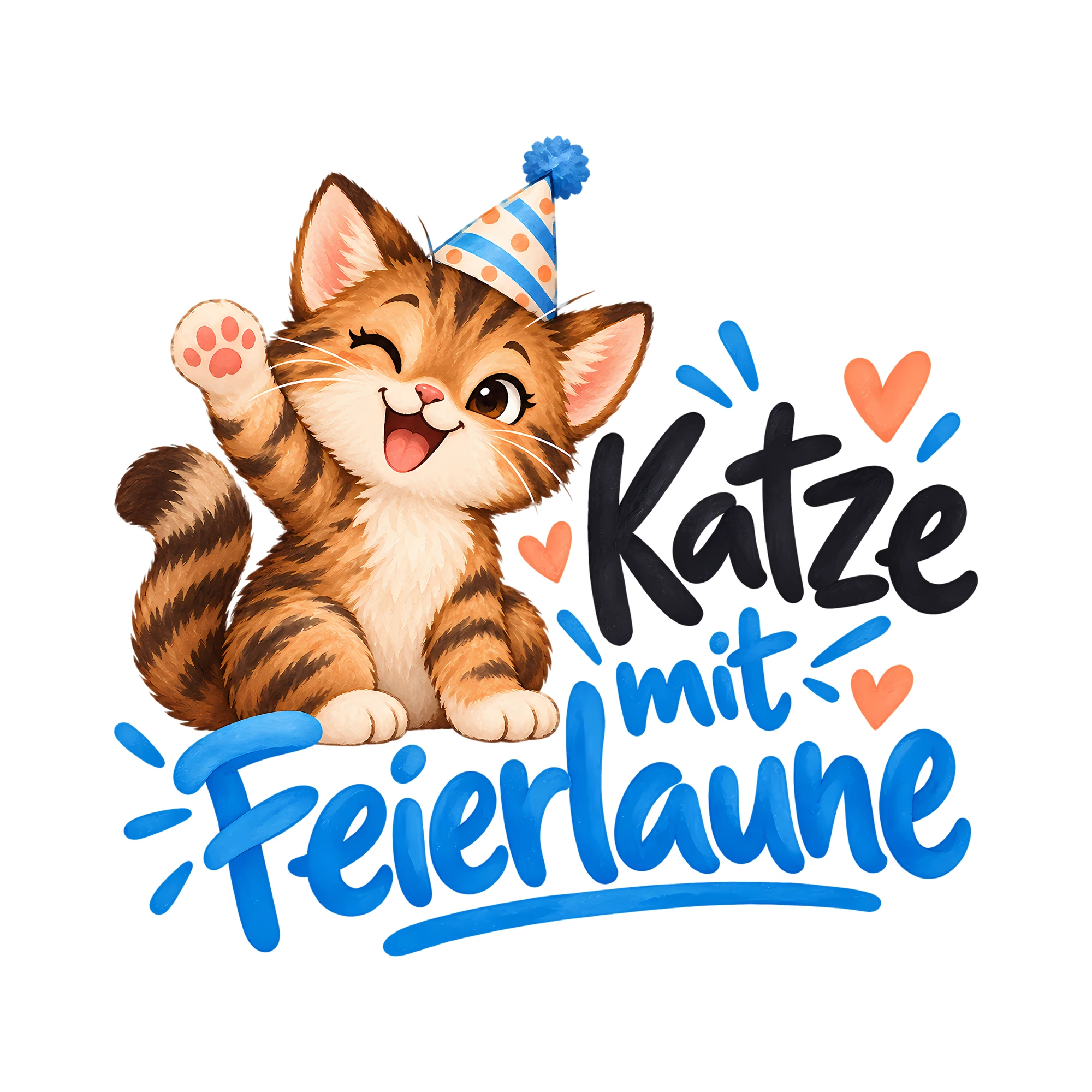 Bügelbild Katze mit Feierlaune als Grafik auf weißem Hintergrund (BB011980)