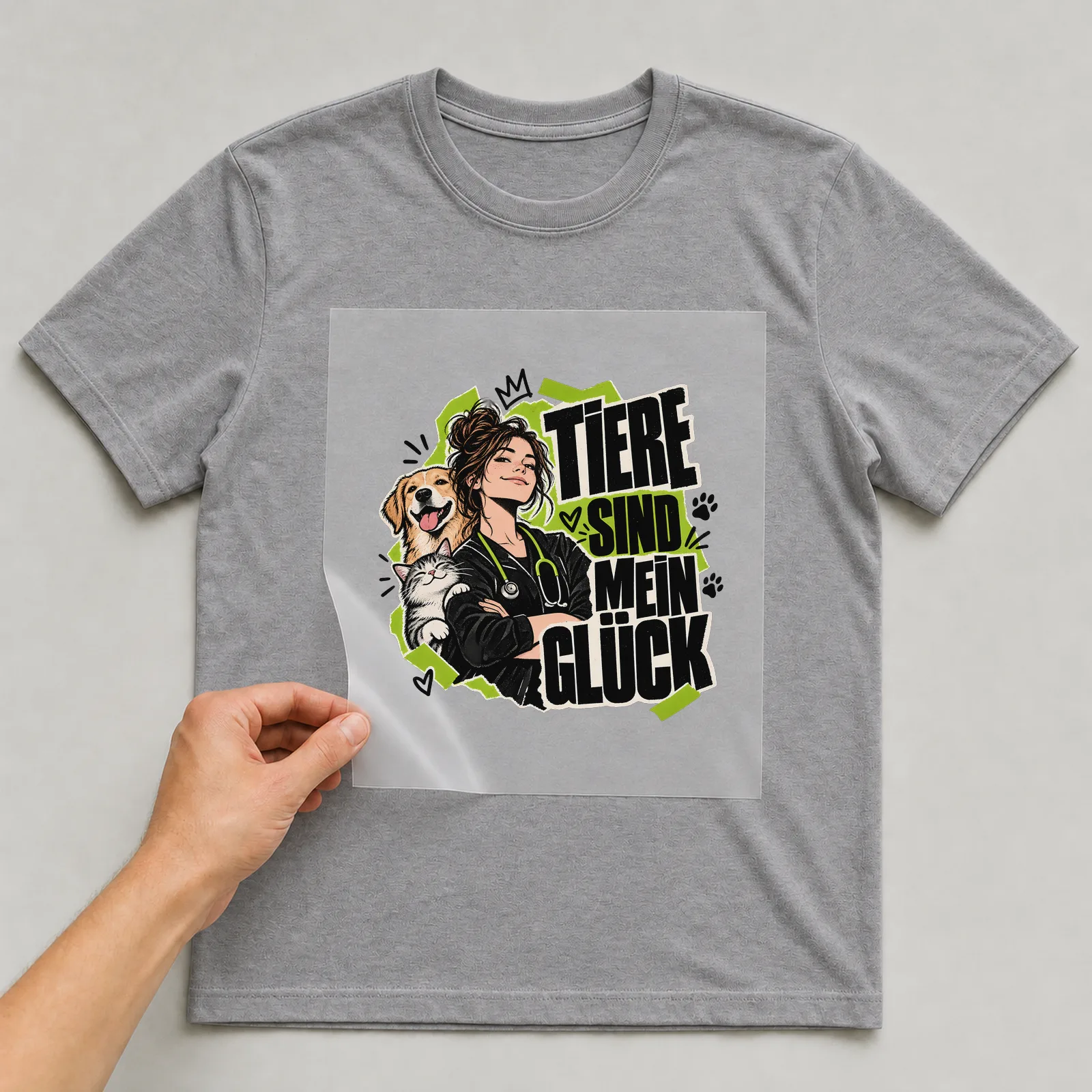 Bügelbild „Tiere sind mein Glück“ auf grauem T-Shirt, Folie wird aufgelegt